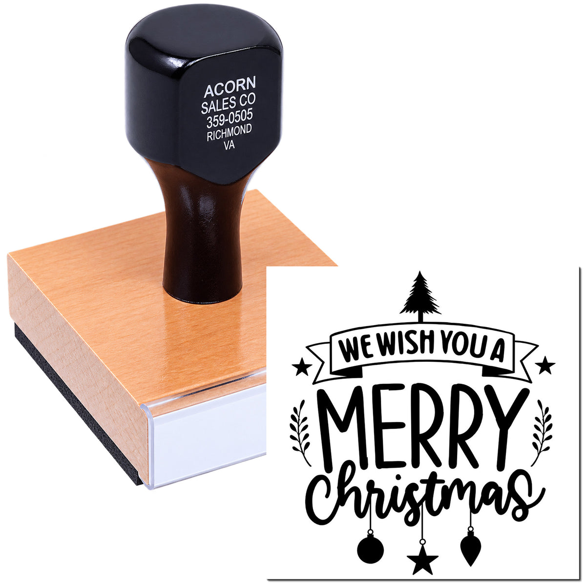 Custom Christmas rubber stamp with We Wish You a Merry Christmas design for holiday cards, crafts, and seasonal packaging.