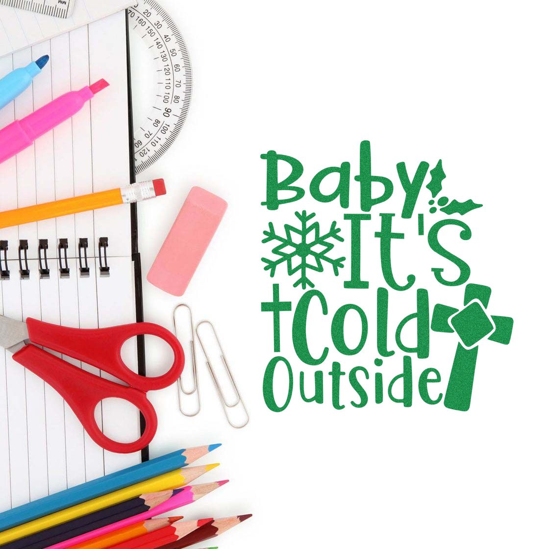 Winter rubber stamp design reading Baby Its Cold Outside with snowflake and bow, perfect for holiday cards and crafts.