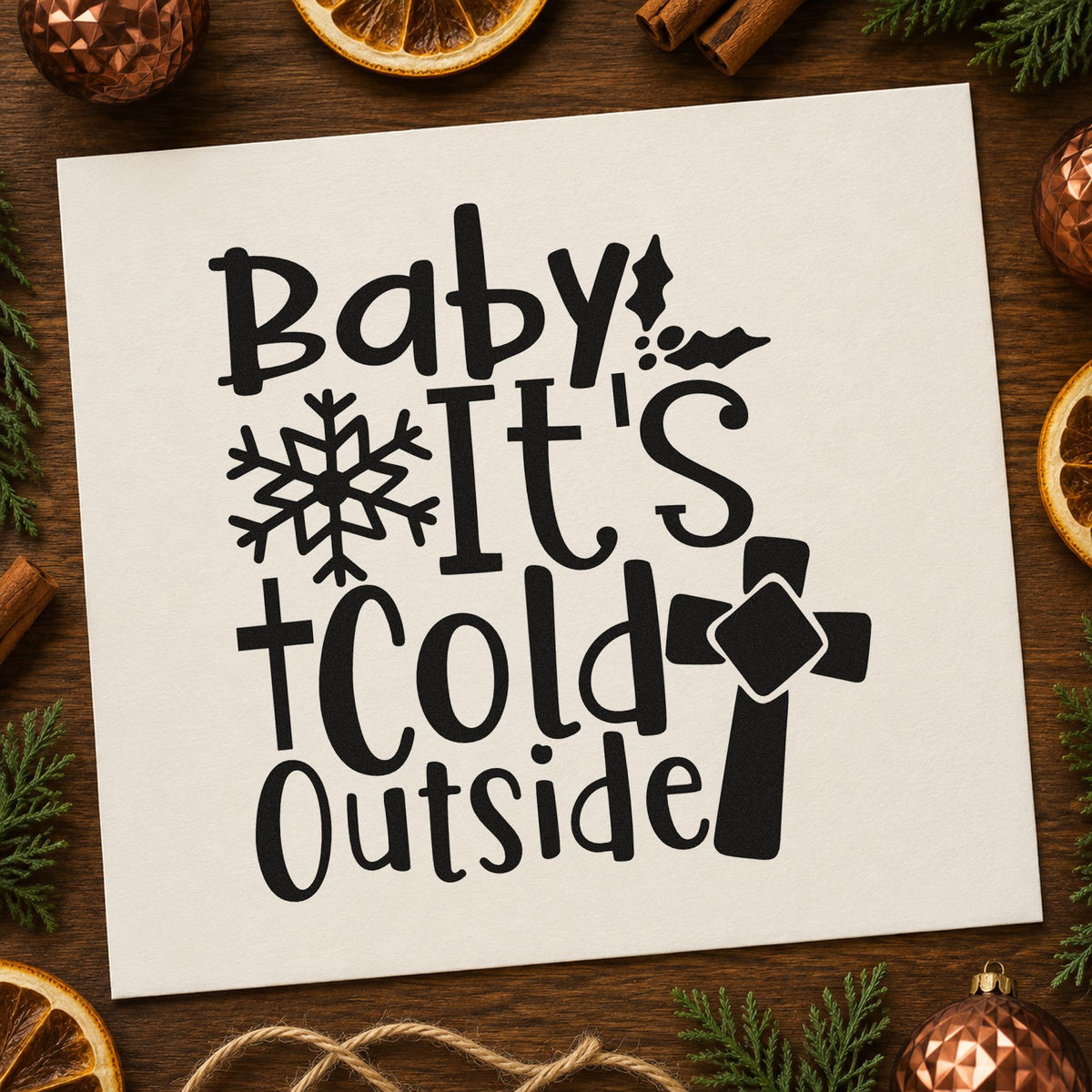 Baby It's Cold Outside Cross rubber stamp printed in black ink, ready for ribboned cross cards and similar paper crafts.