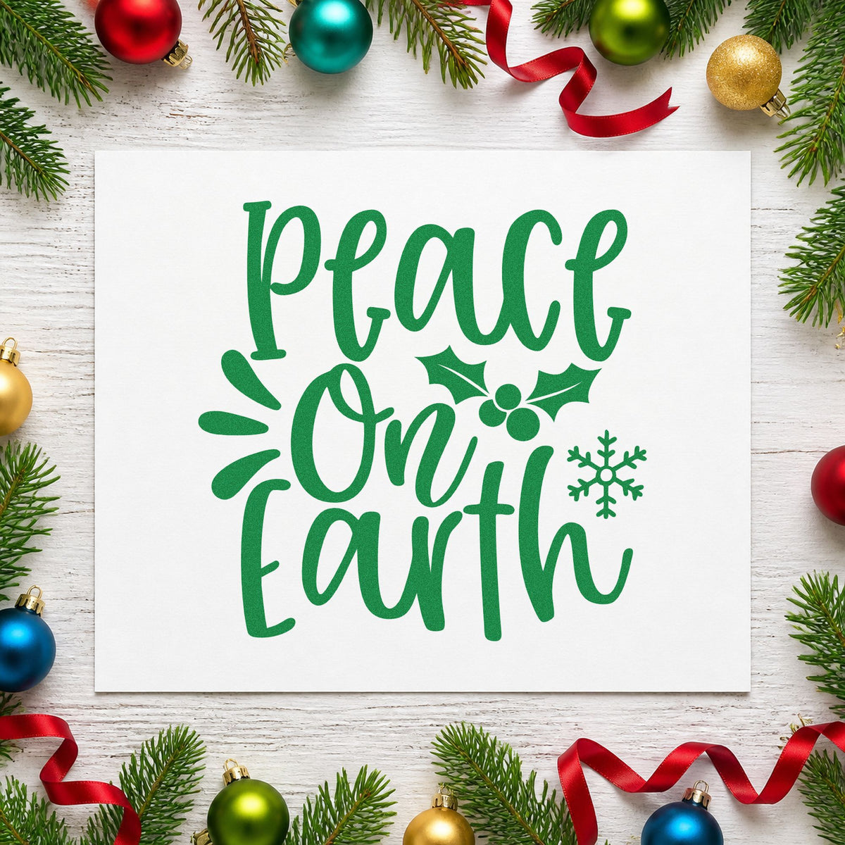 Peace On Earth Holly craft stamp imprint in green ink on a handmade project, one idea being vigil program cards.