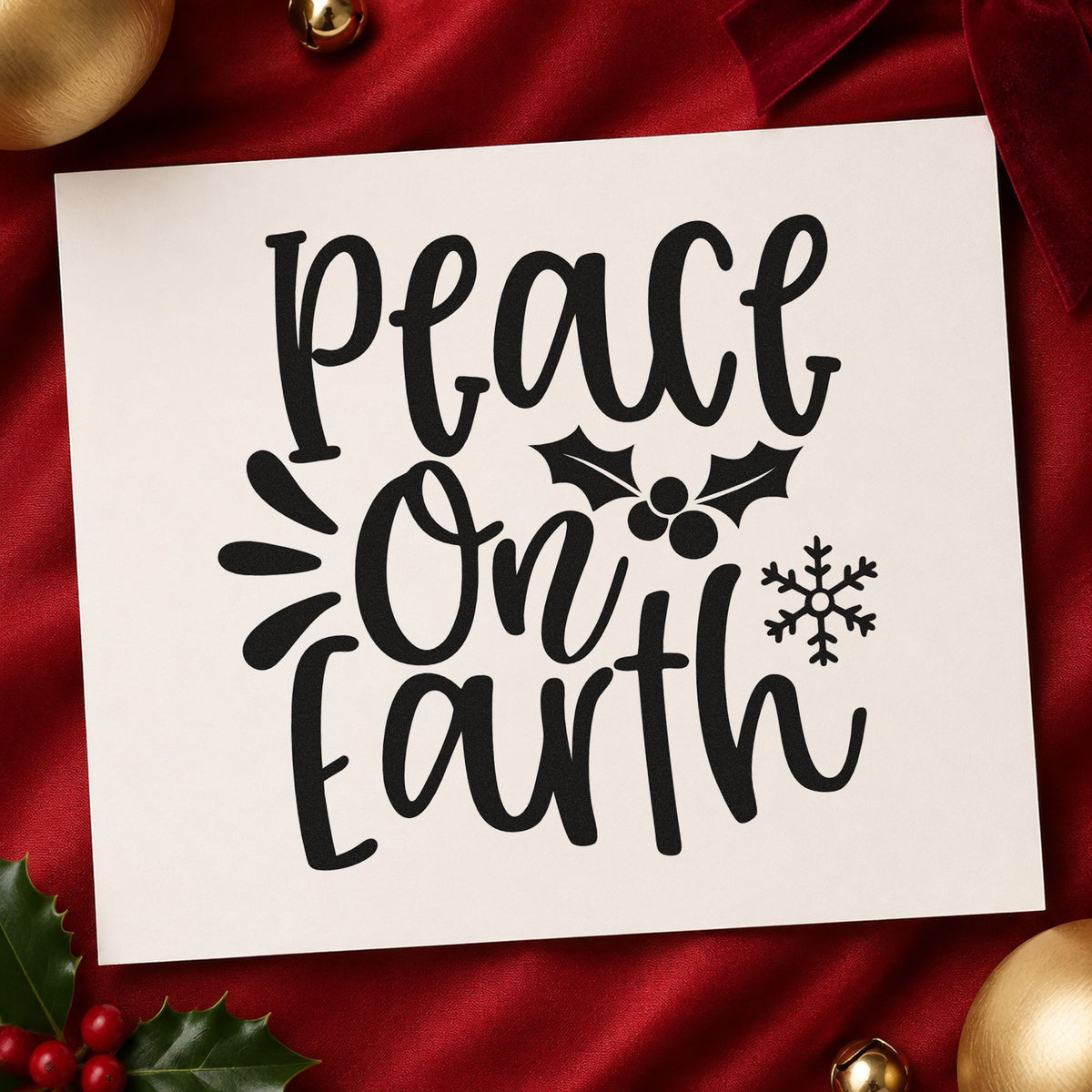 Peace On Earth Holly rubber stamp printed in black ink, ready for holly and flake cards and similar paper crafts.