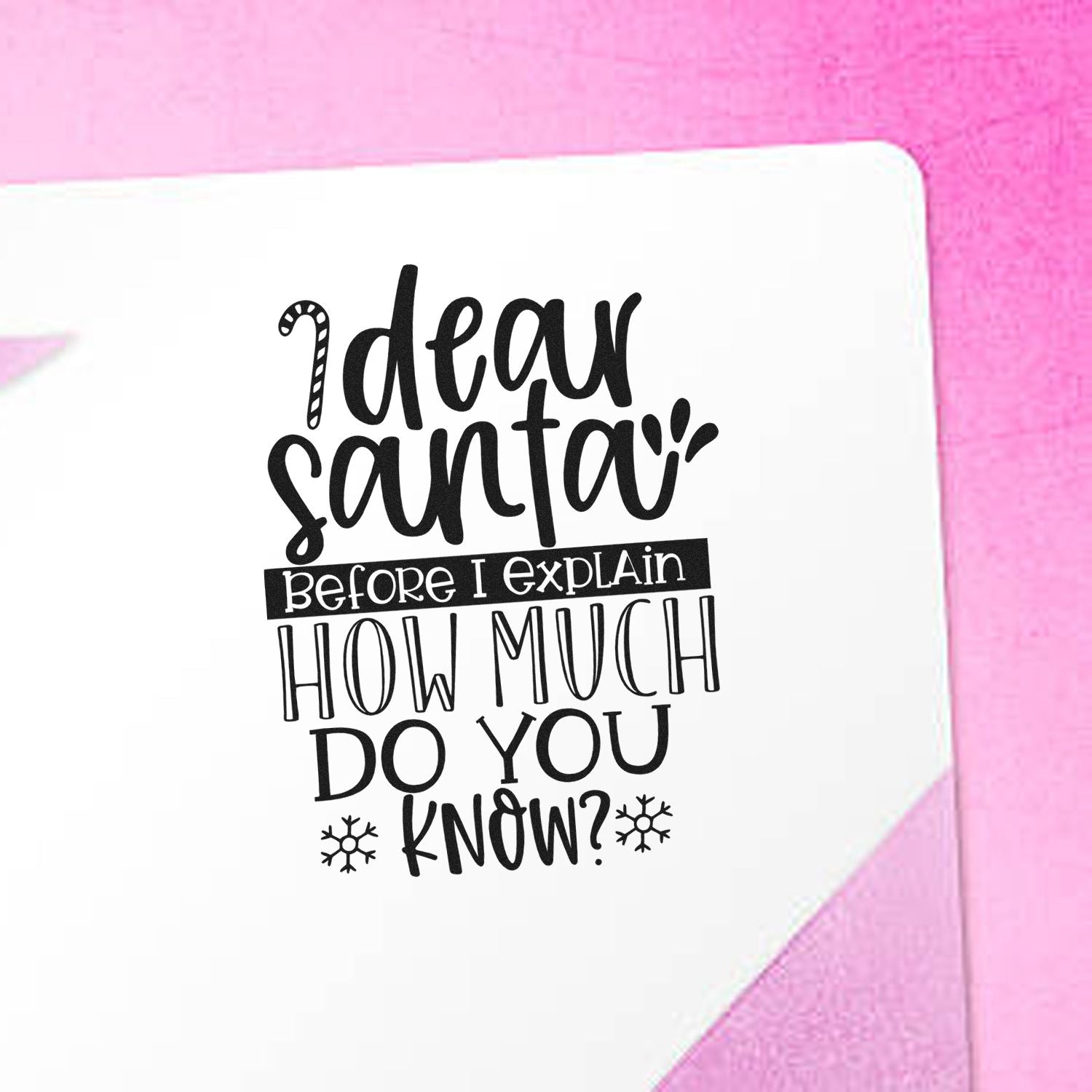 Funny Christmas rubber stamp for holiday cards reading Dear Santa, before I explain how much do you know?