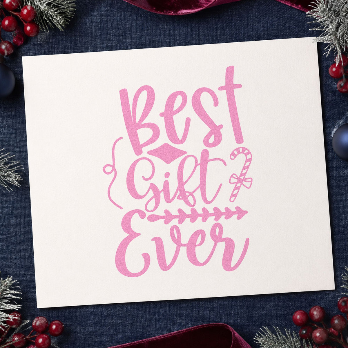 Best Gift Ever Candy Cane craft stamp in purple ink on cardstock, an easy option for top pick album page.