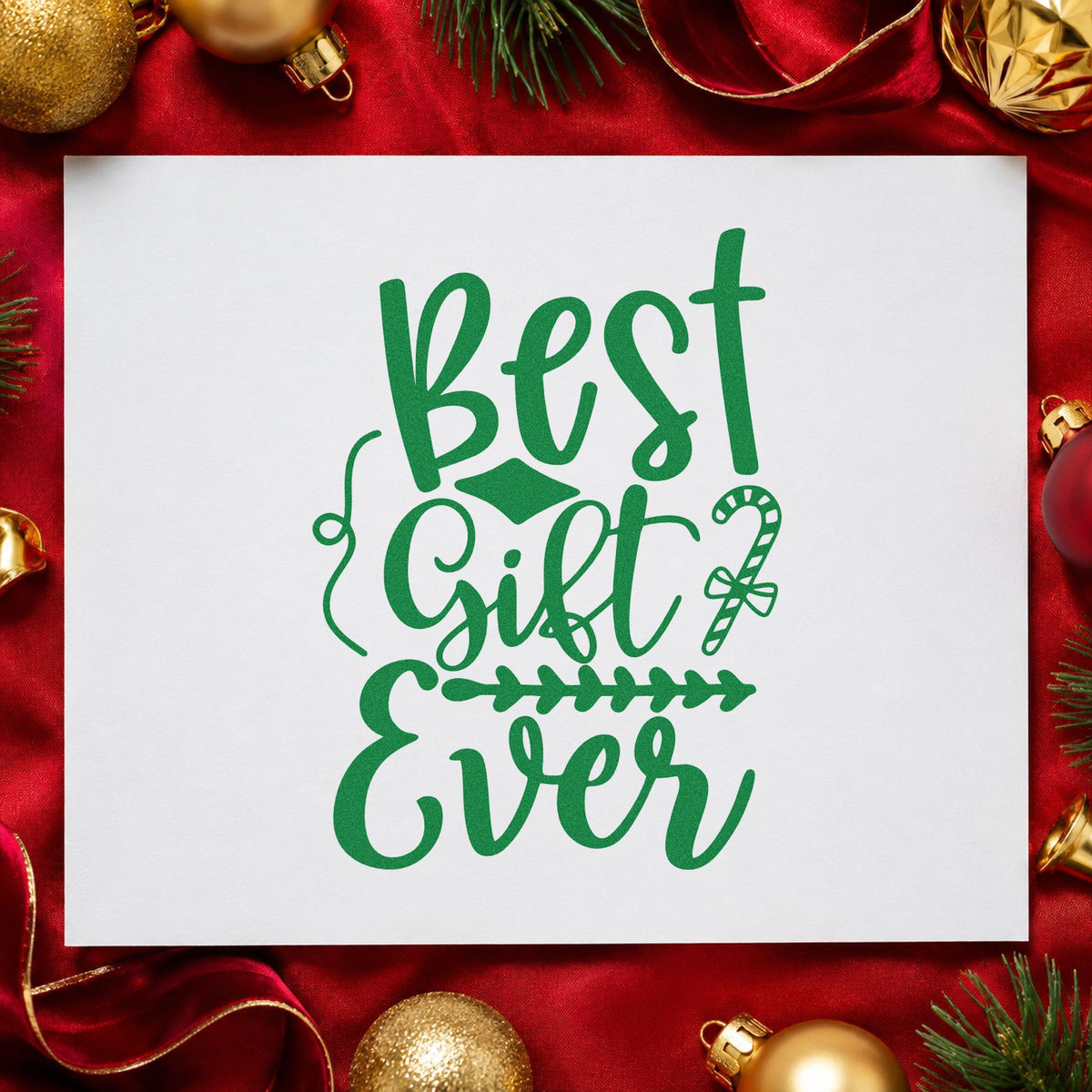 Best Gift Ever Candy Cane craft stamp imprinted in green ink on paper, a design suited to framed shop window.