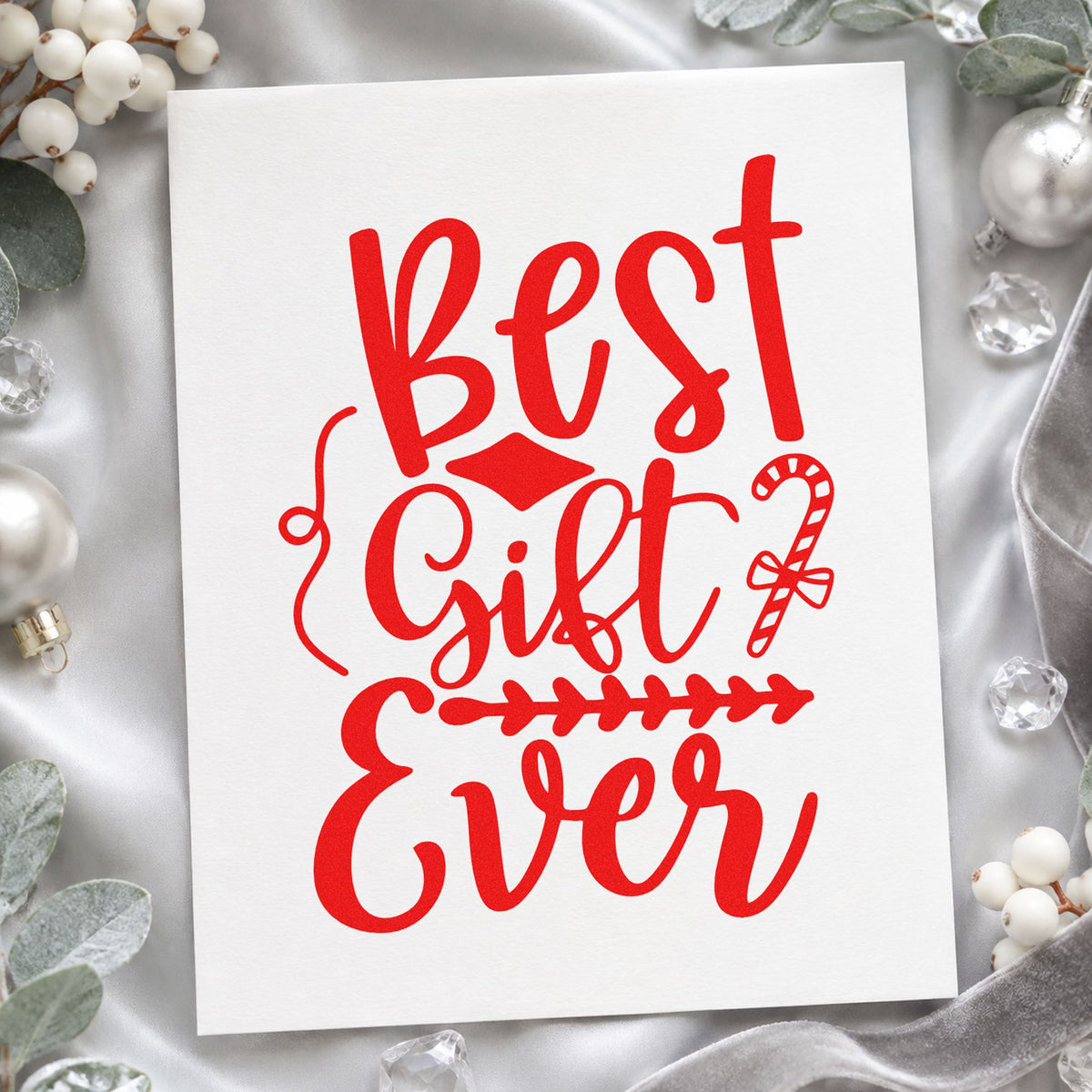 Best Gift Ever Candy Cane rubber stamp shown in red ink, stamped for projects such as feature bin labels.
