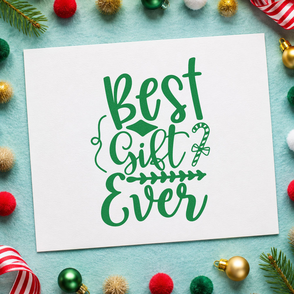 Best Gift Ever Candy Cane craft stamp imprint in green ink on a handmade project, one idea being award table cards.