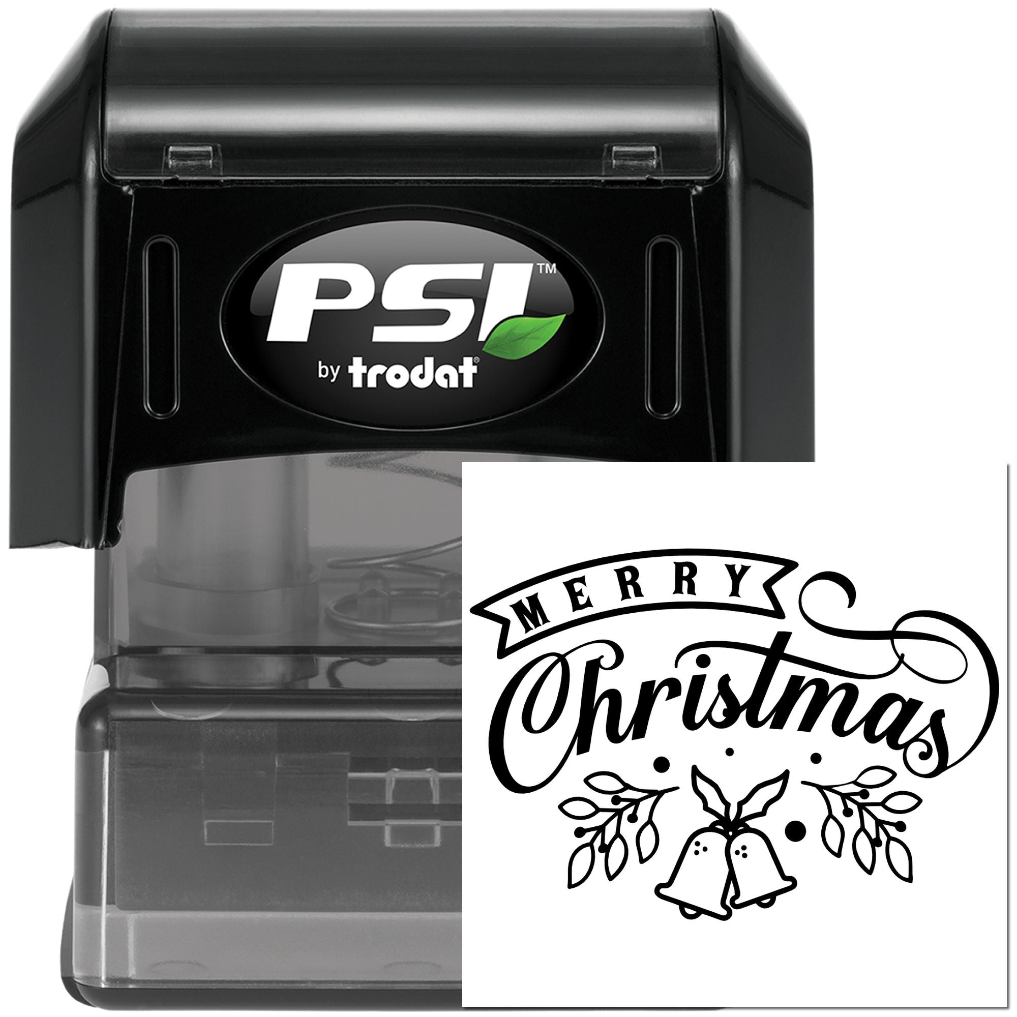 PSI by Trodat self-inking custom rubber stamp with Merry Christmas bells, holiday leaves, and festive script design