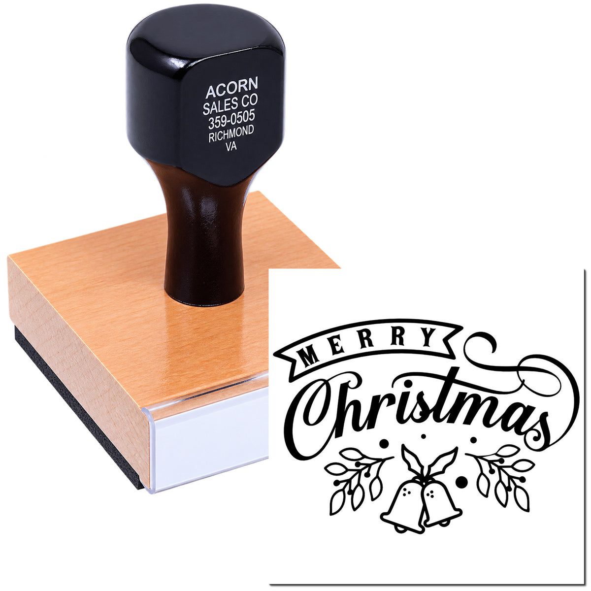 Custom Merry Christmas rubber stamp with decorative bells, ideal for holiday cards, gift tags, and festive branding.