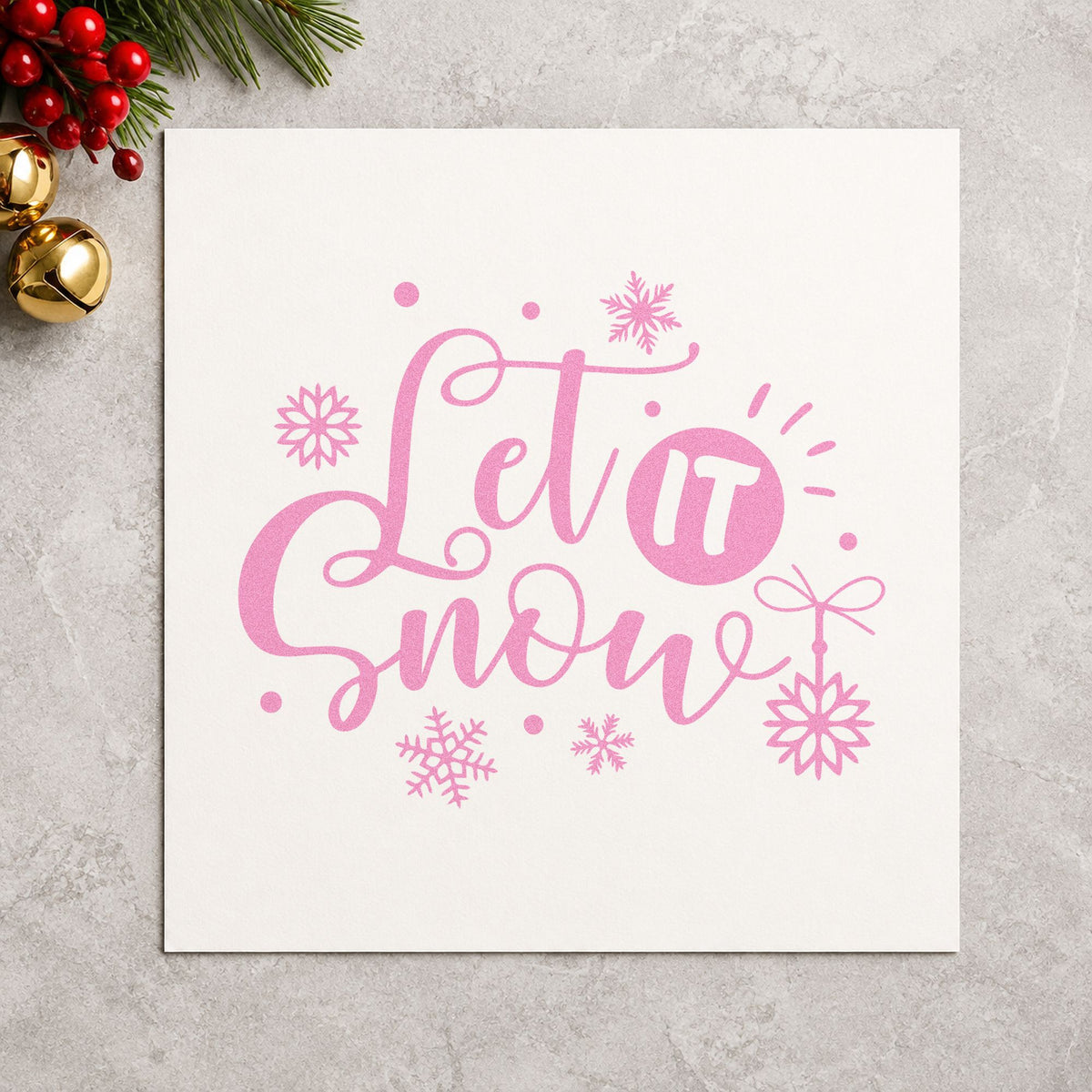 Let It Snow Ornaments craft stamp in purple ink on cardstock, an easy option for mobile craft album.