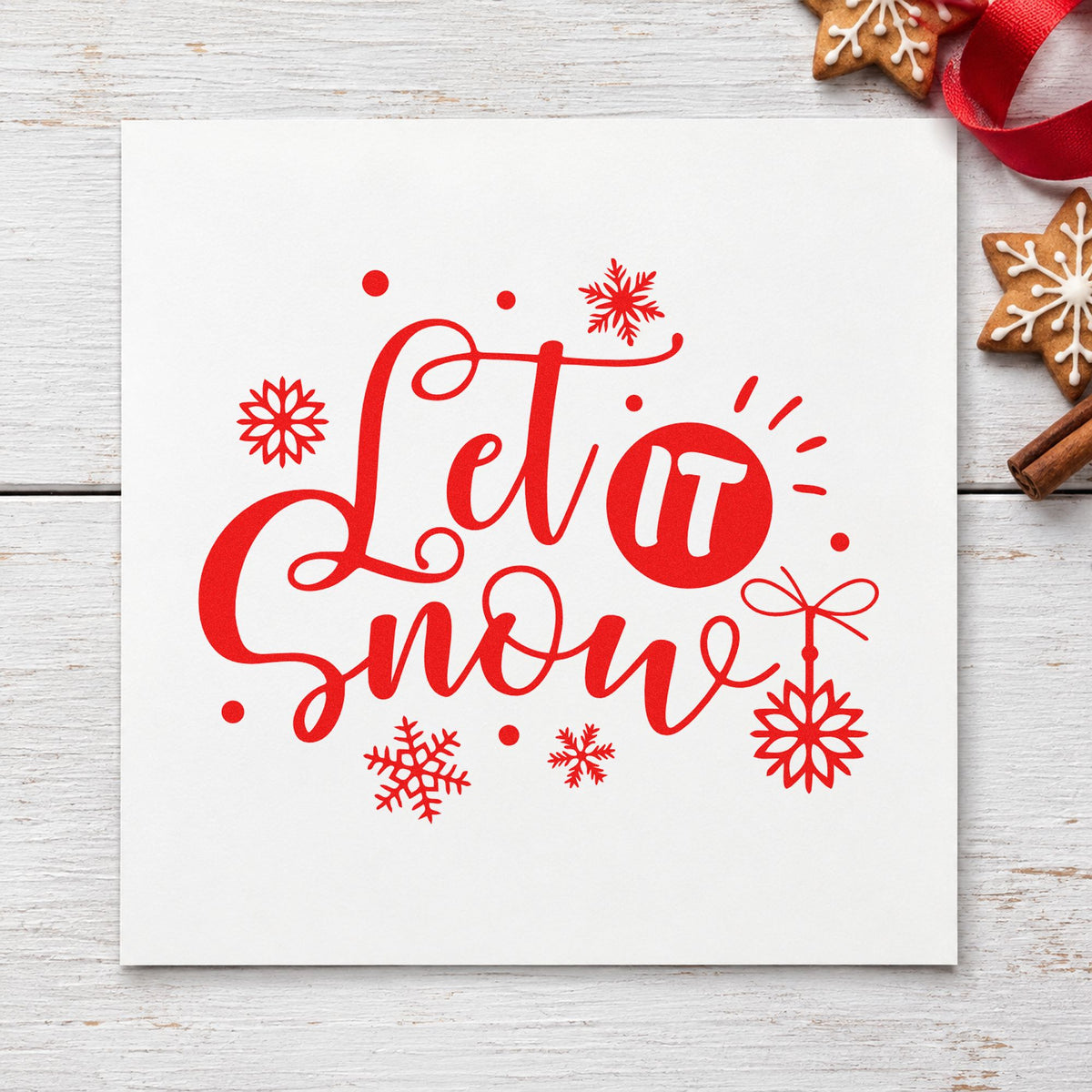 Let It Snow Ornaments craft stamp in red ink on cardstock, an easy option for mobile cloth printing.