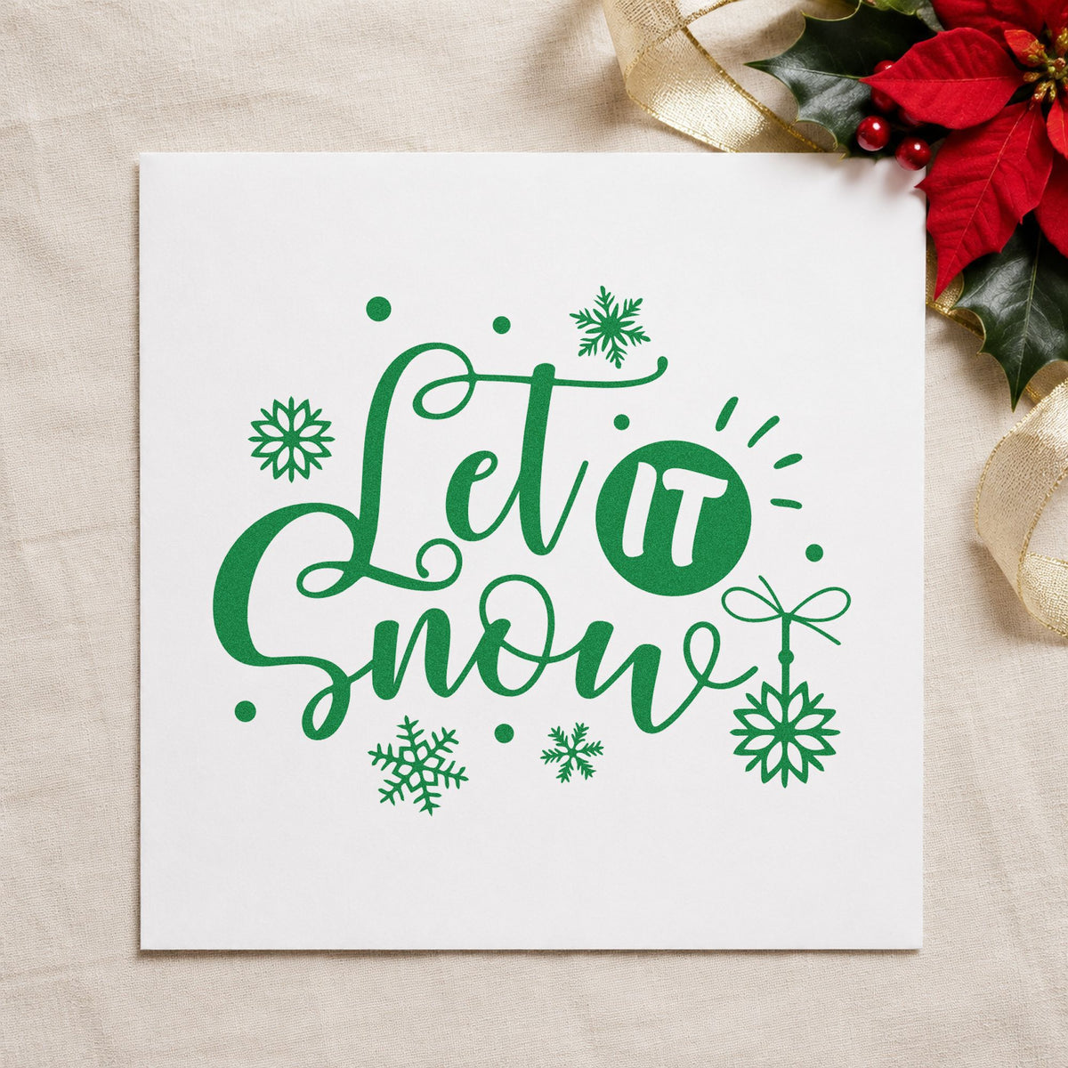 Let It Snow Ornaments craft stamp imprinted in green ink on paper, a design suited to framed glass pane.