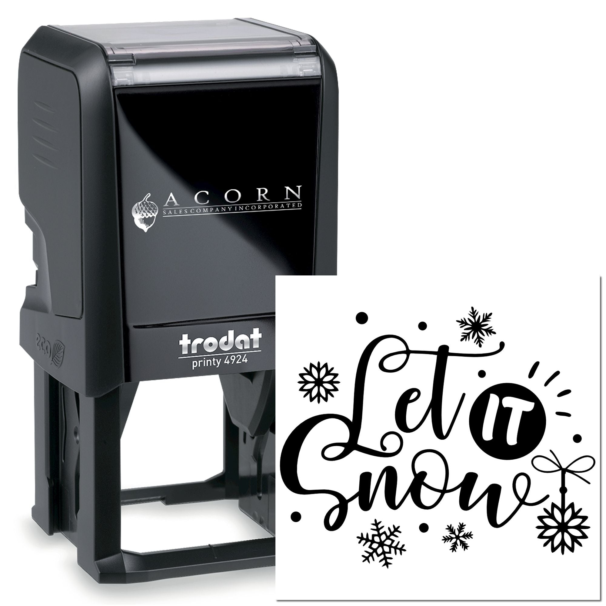 Trodat Printy 4924 self-inking rubber stamp with custom Let It Snow snowflake design for holiday cards.