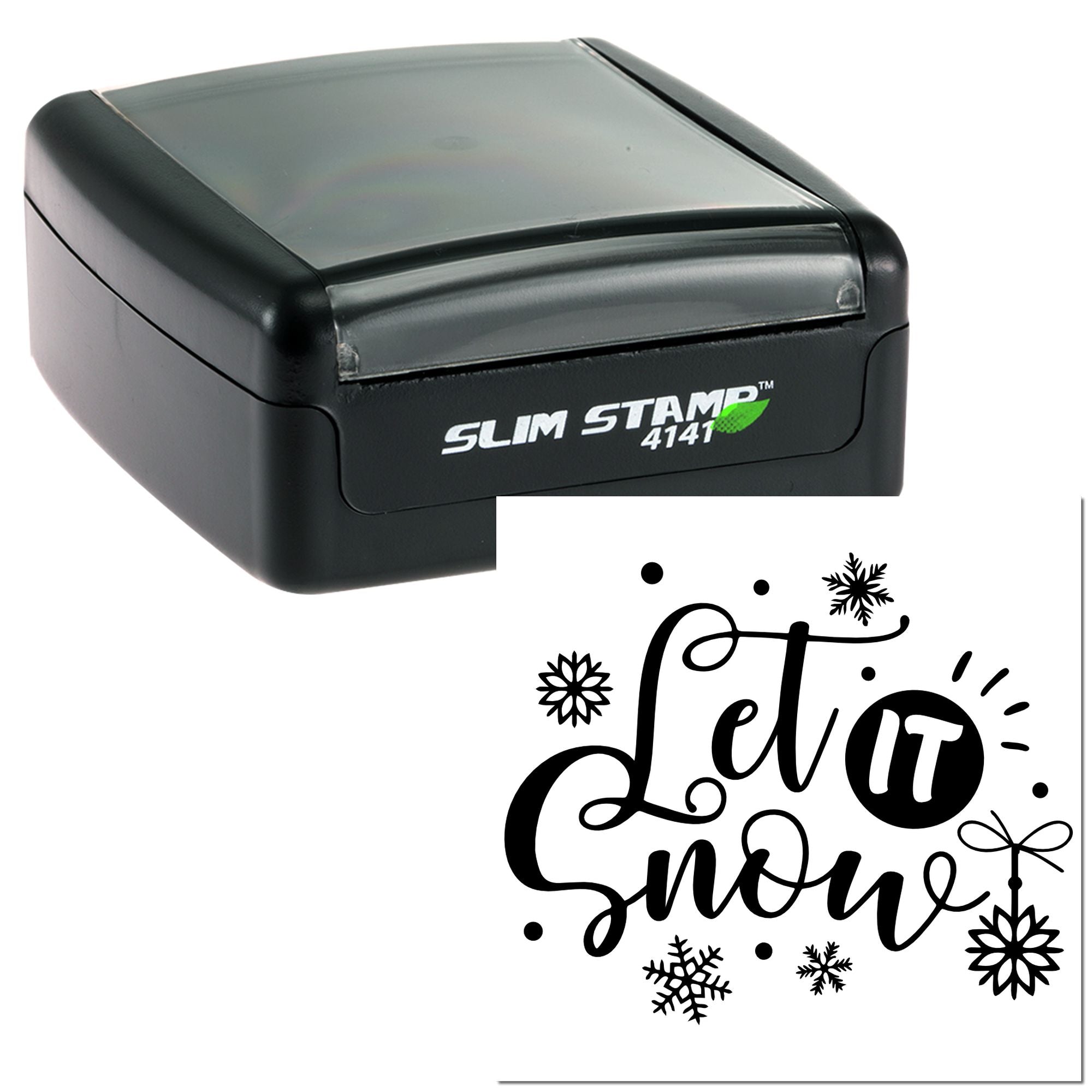 Slim self-inking rubber stamp with Let It Snow winter snowflake design