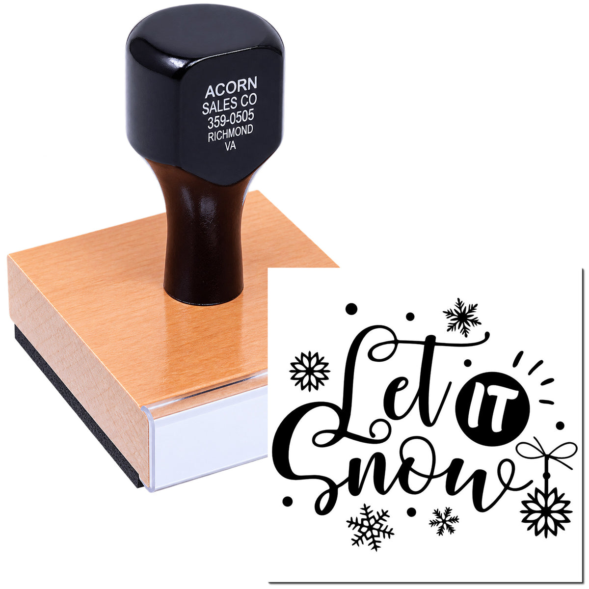 Custom rubber stamp with Let It Snow holiday design and snowflakes for seasonal cards, crafts, and packaging.