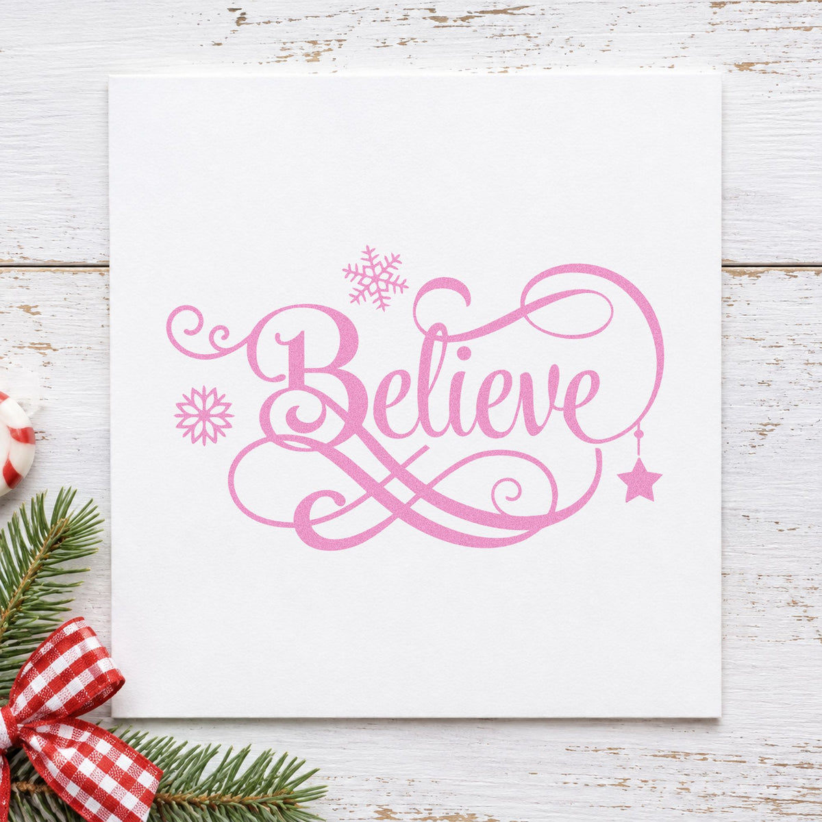 Believe Snowflakes Hanging Star Rubber Stamp – Duo Hand in use 10