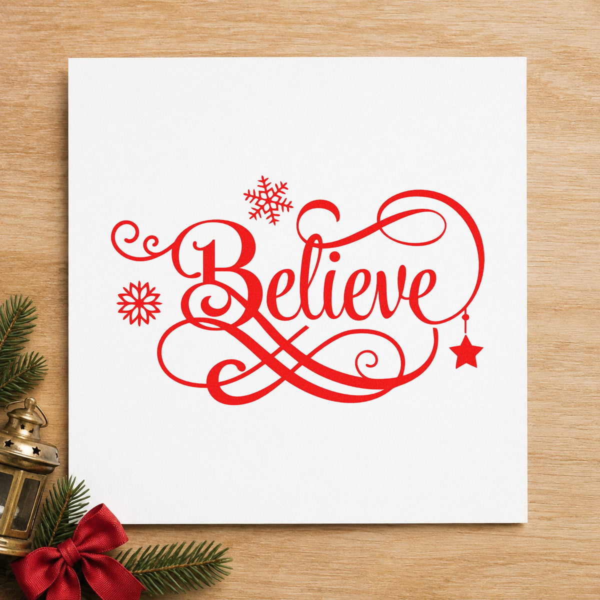 Believe Snowflakes Hanging Star craft stamp in red ink on cardstock, an easy option for felt shape printing.