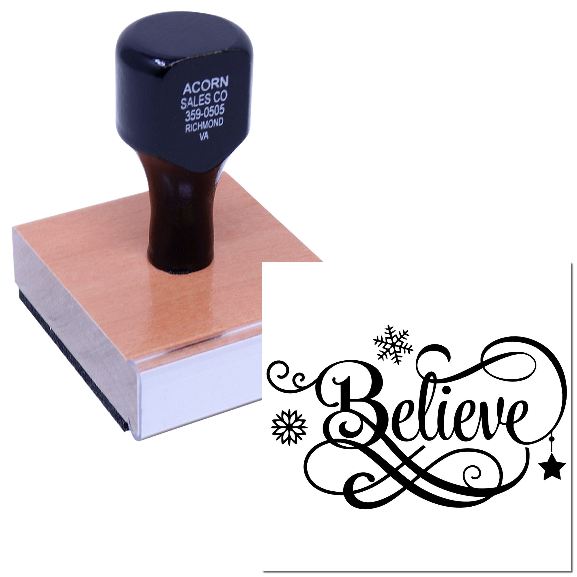 Custom rubber stamp with Believe holiday word art and snowflake design for cards, crafts, and stationery.
