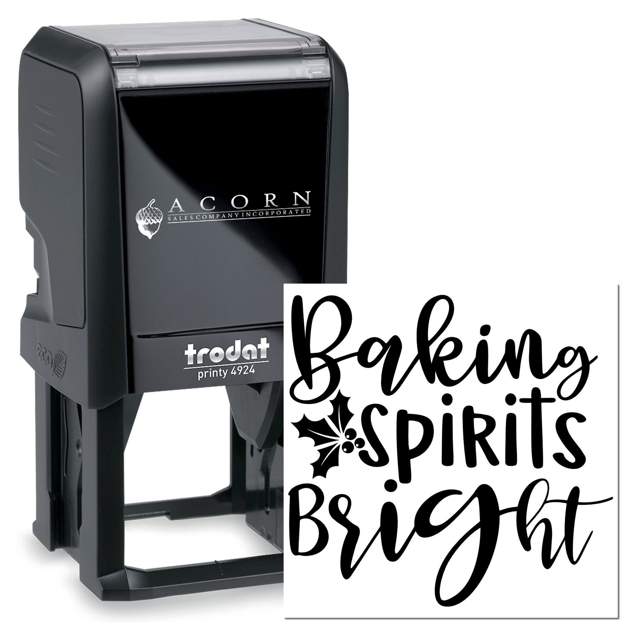 Trodat Printy 4924 self-inking rubber stamp with custom Baking Spirits Bright holiday bakery design.