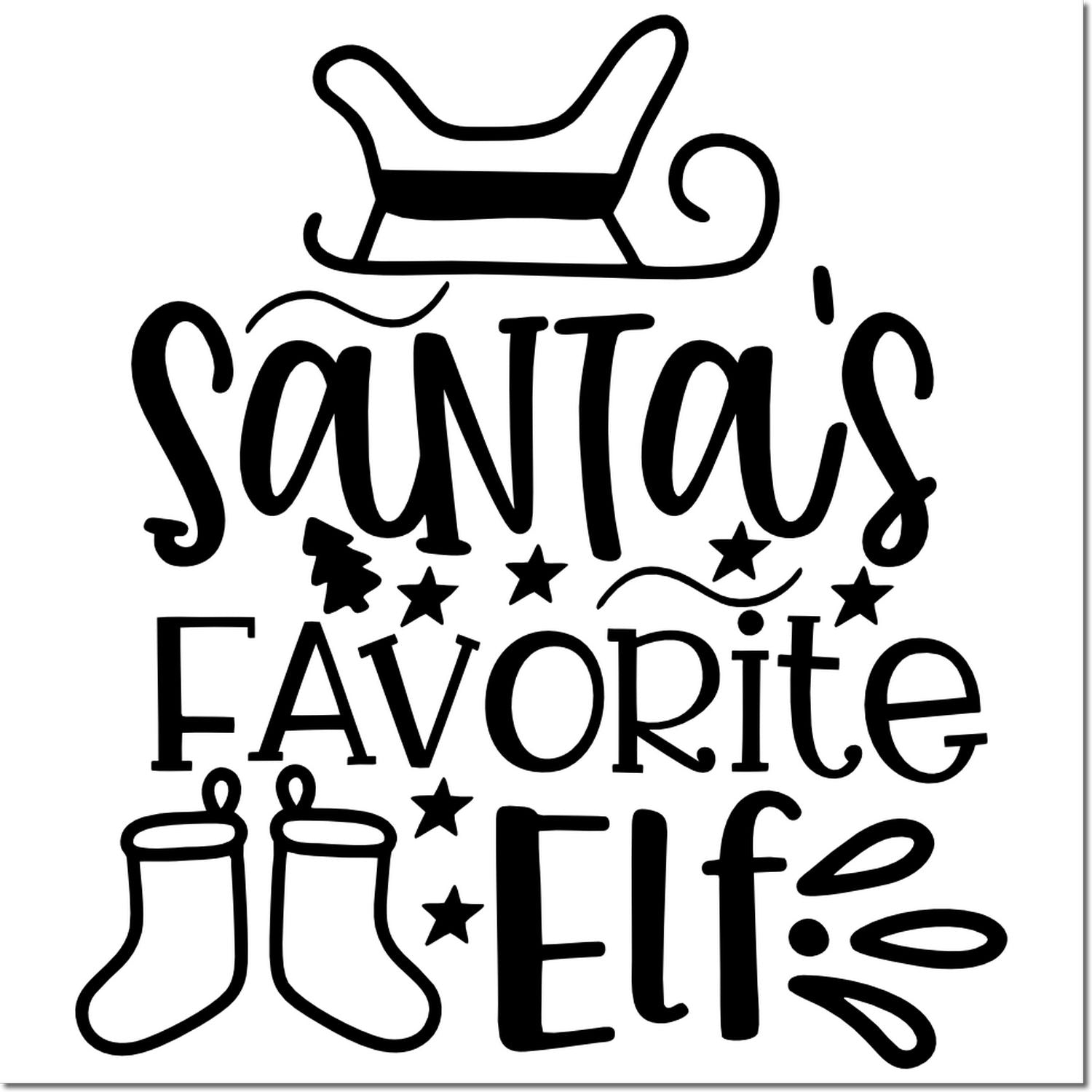 Santa's Favorite Elf Christmas rubber stamp design with Santa hat, boots and festive stars for holiday crafts.