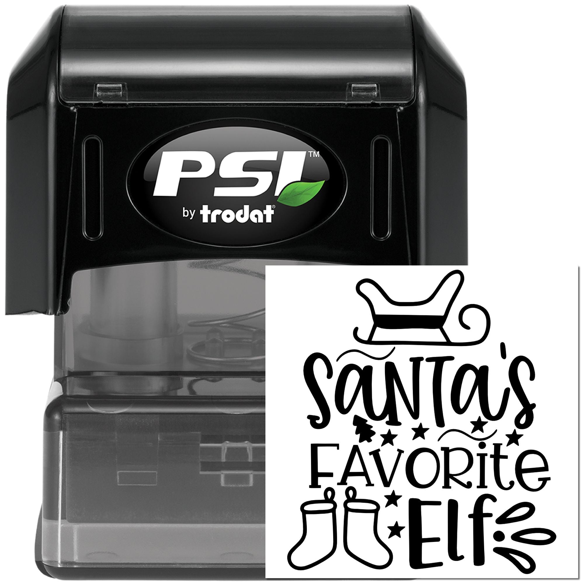 PSI by Trodat self-inking rubber stamp featuring Santas Favorite Elf holiday design for Christmas crafts.