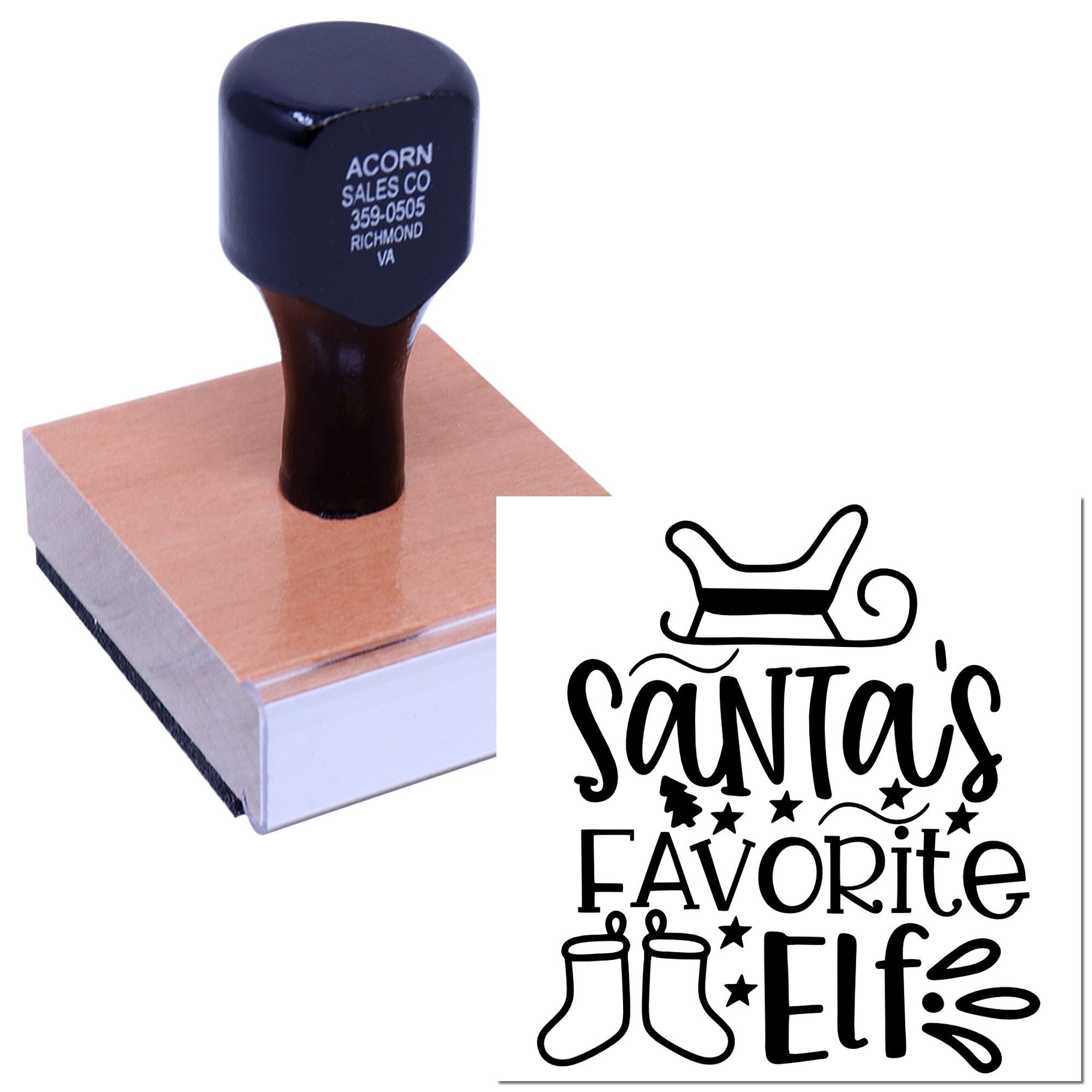 Custom rubber stamp featuring Santas Favorite Elf design for holiday cards, gift tags, packaging, and festive crafts.