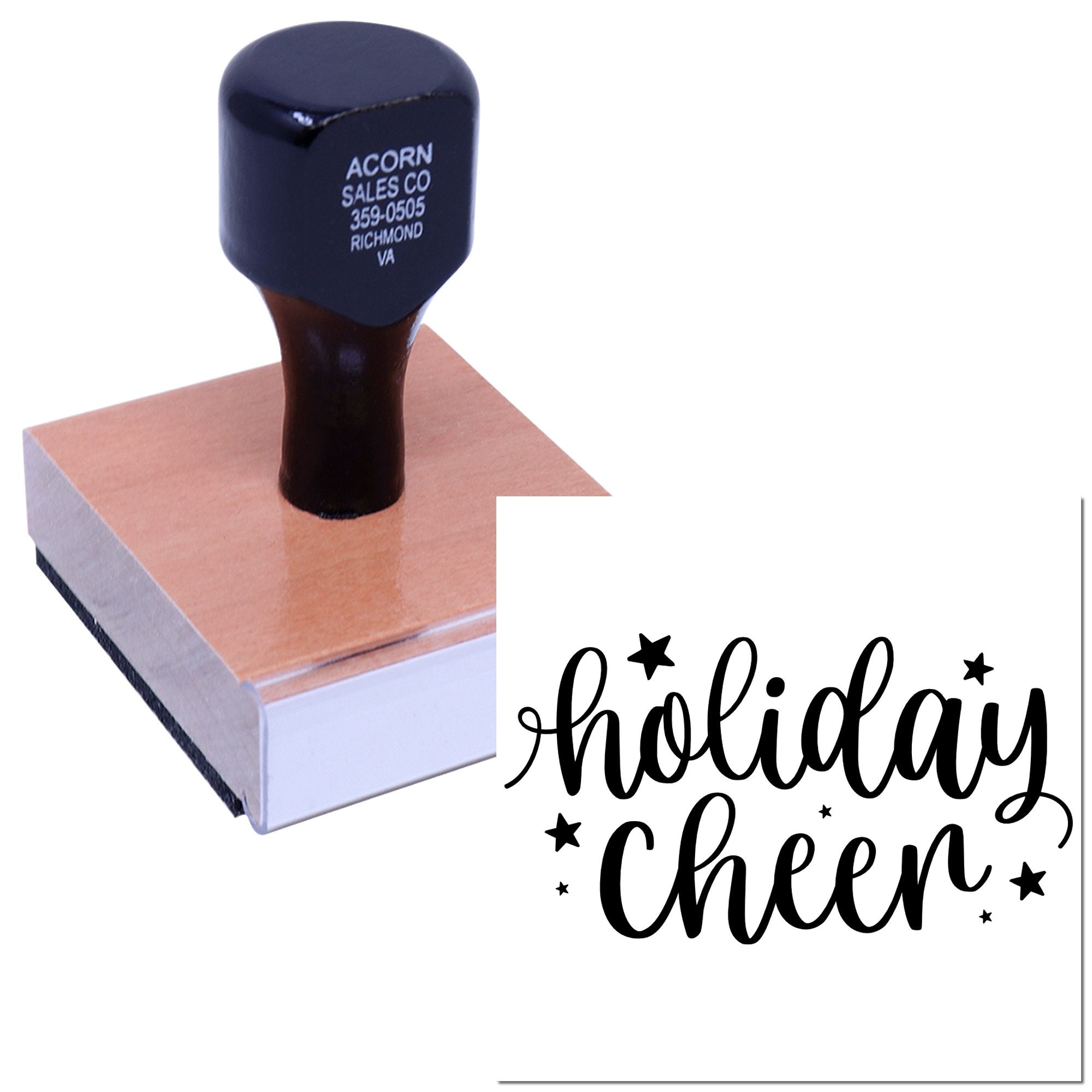 Custom rubber stamp with Holiday Cheer script design for festive greeting cards, crafts, and seasonal packaging.