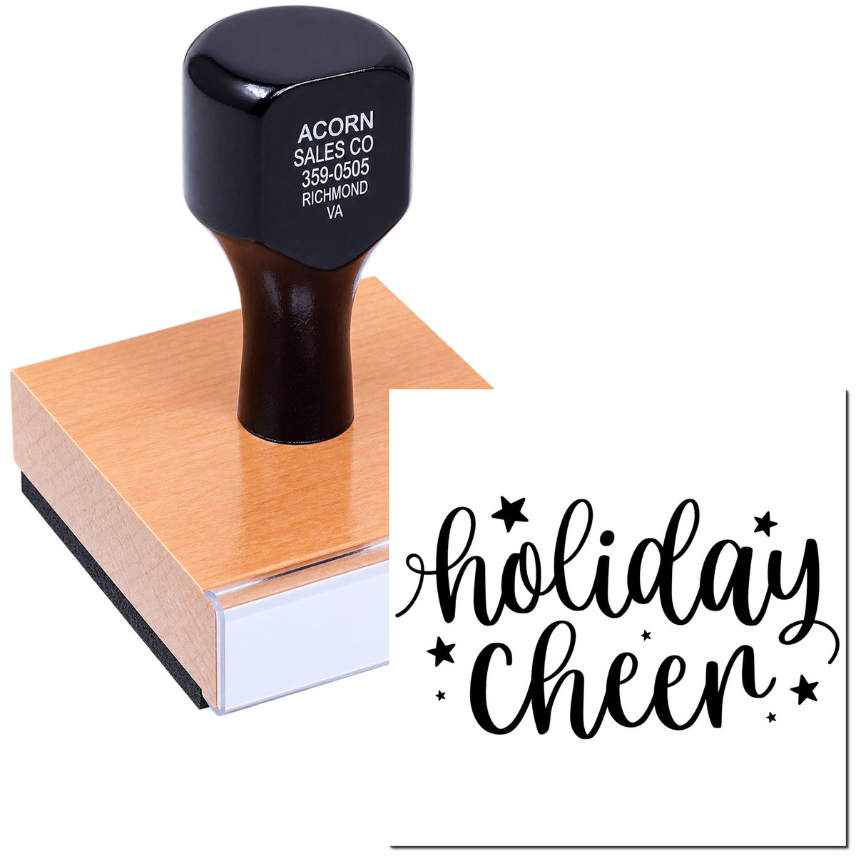 Custom rubber stamp with Holiday Cheer script design for festive greeting cards, crafts, and seasonal packaging.