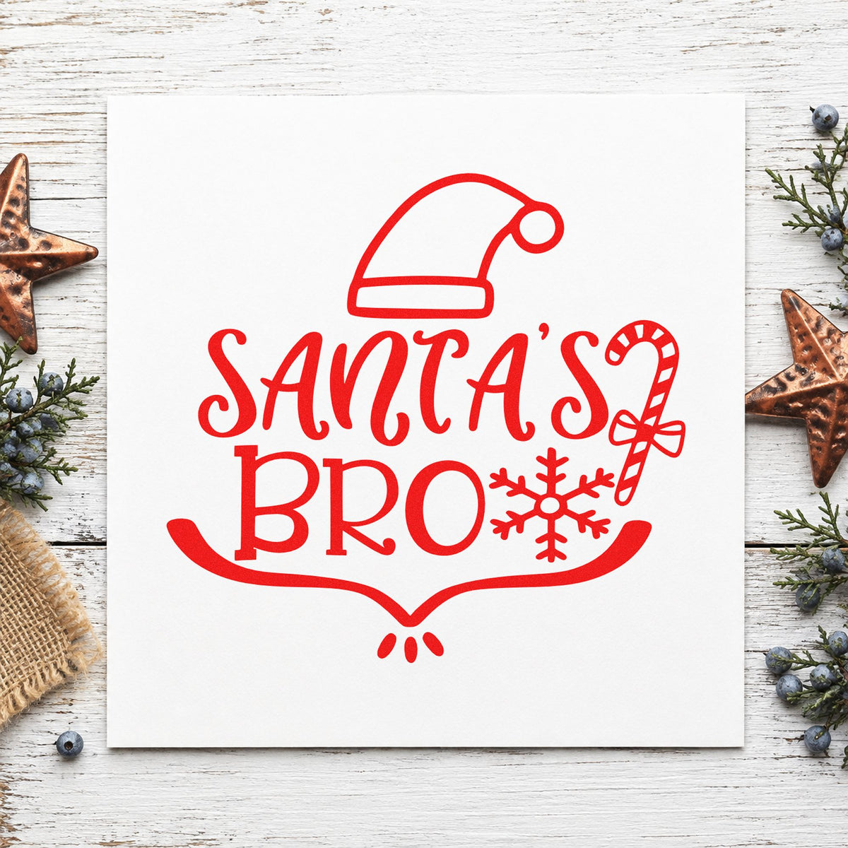 Santa's Bro Hat Candy Cane craft stamp in red ink on cardstock, an easy option for hoodie chest printing.