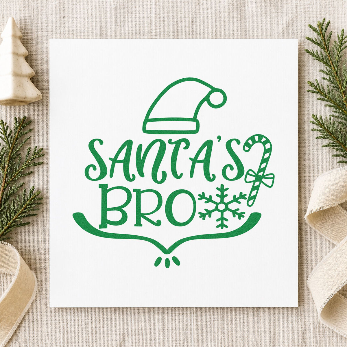 Santa's Bro Hat Candy Cane craft stamp imprinted in green ink on paper, a design suited to framed garage shelf.