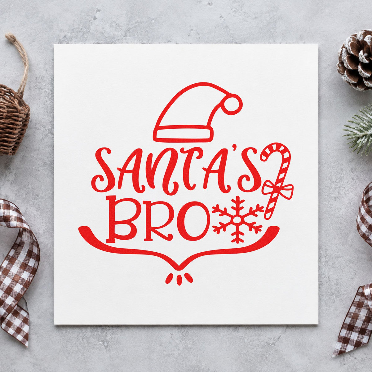 Santa's Bro Hat Candy Cane rubber stamp shown in red ink, stamped for projects such as tool drawer labels.