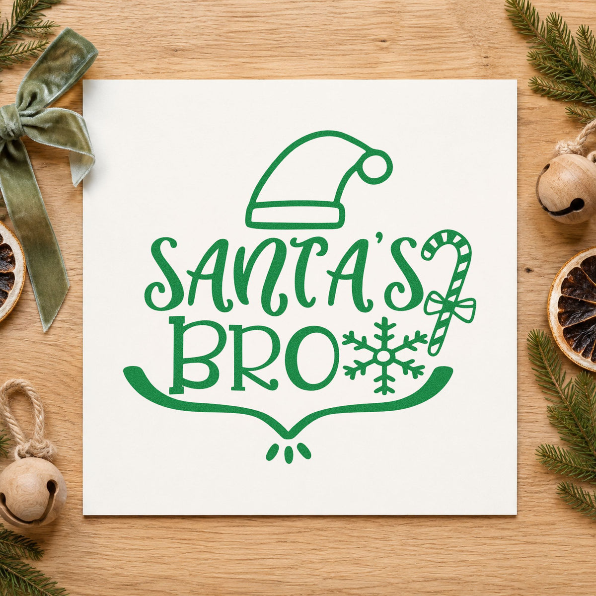 Santa's Bro Hat Candy Cane craft stamp imprint in green ink on a handmade project, one idea being game night cards.