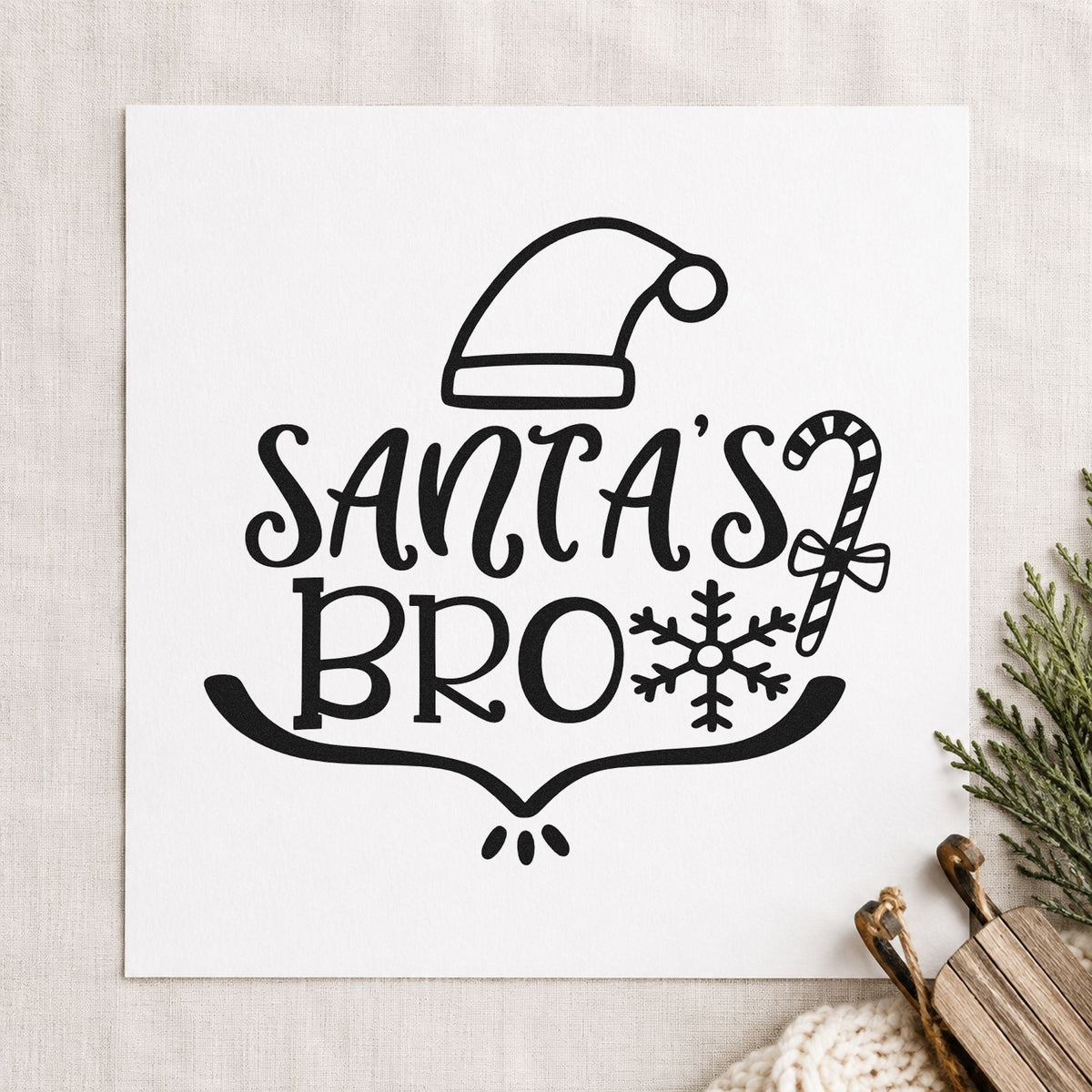 Santa's Bro Hat Candy Cane rubber stamp printed in black ink, ready for santas bro cards and similar paper crafts.