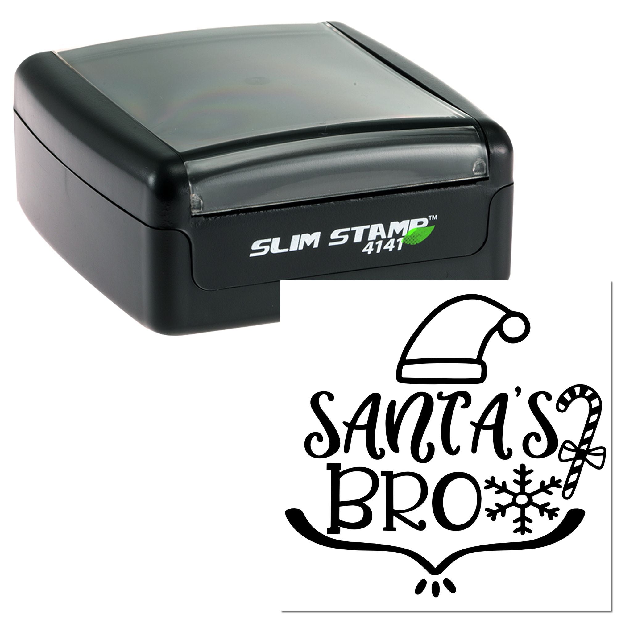 SlimStamp 4141 holiday rubber stamp with Santas Bro design, featuring a Santa hat and candy cane for Christmas crafts.