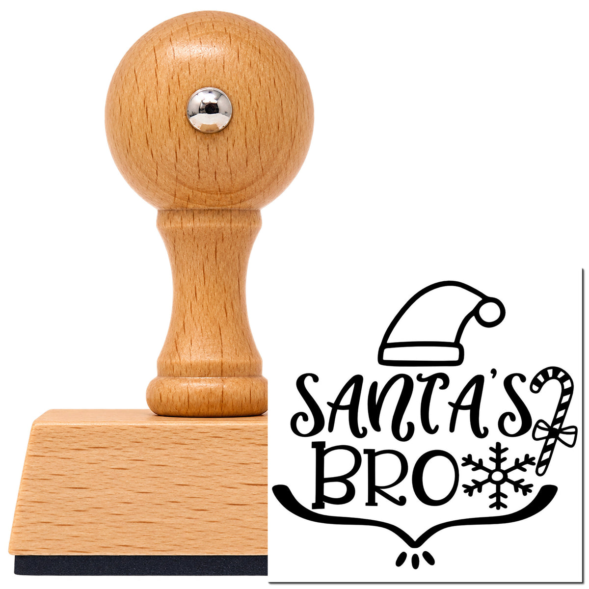 Santa's Bro Hat Candy Cane Vintage Pro rubber stamp in European beech wood with a round knob handle, shown beside its black imprint.