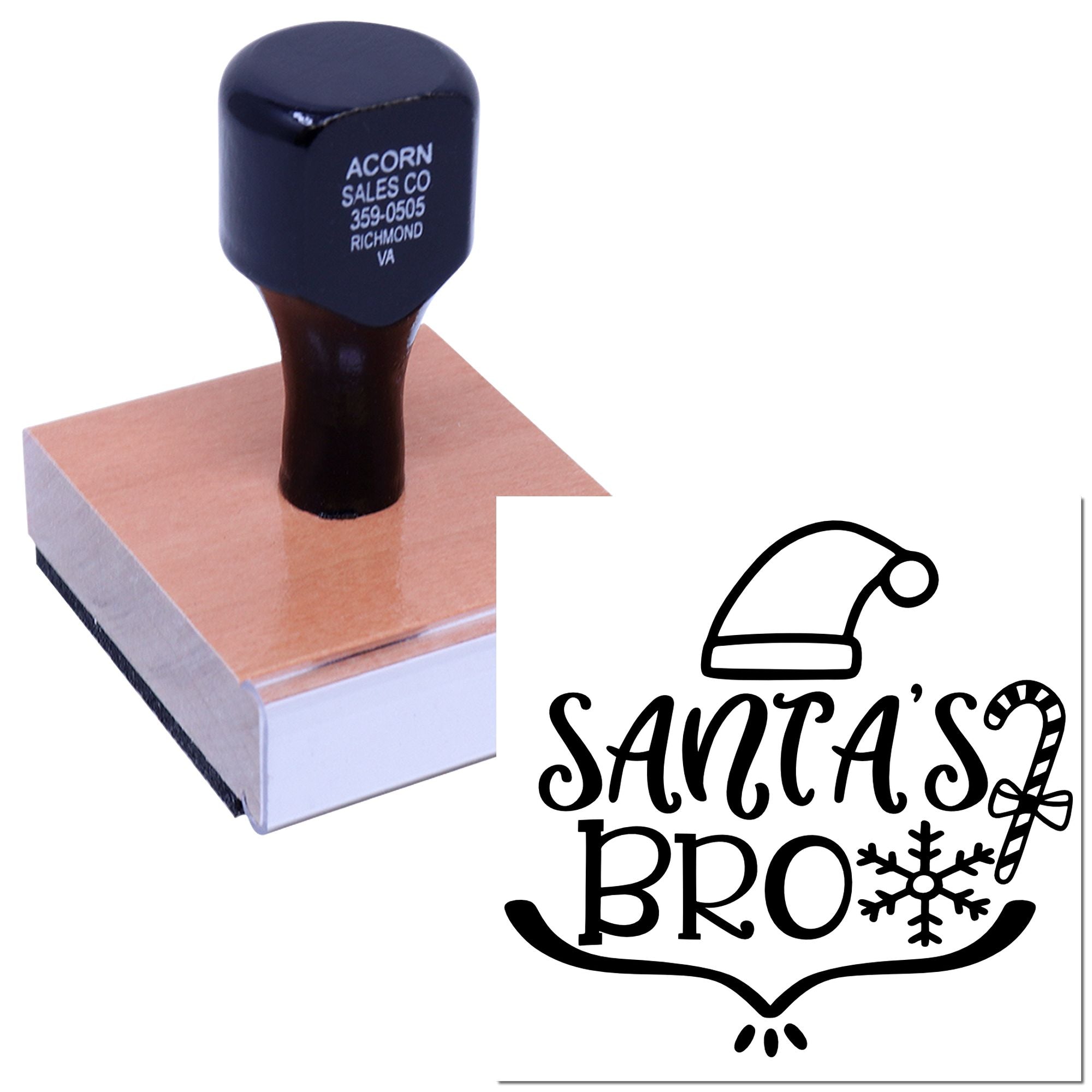Santa's Bro Christmas rubber stamp with Santa hat, candy cane and snowflake design for holiday cards and crafts.