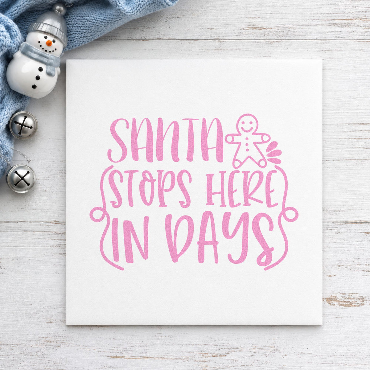 Santa Stops Here In Days craft stamp in purple ink on cardstock, an easy option for yard count album.