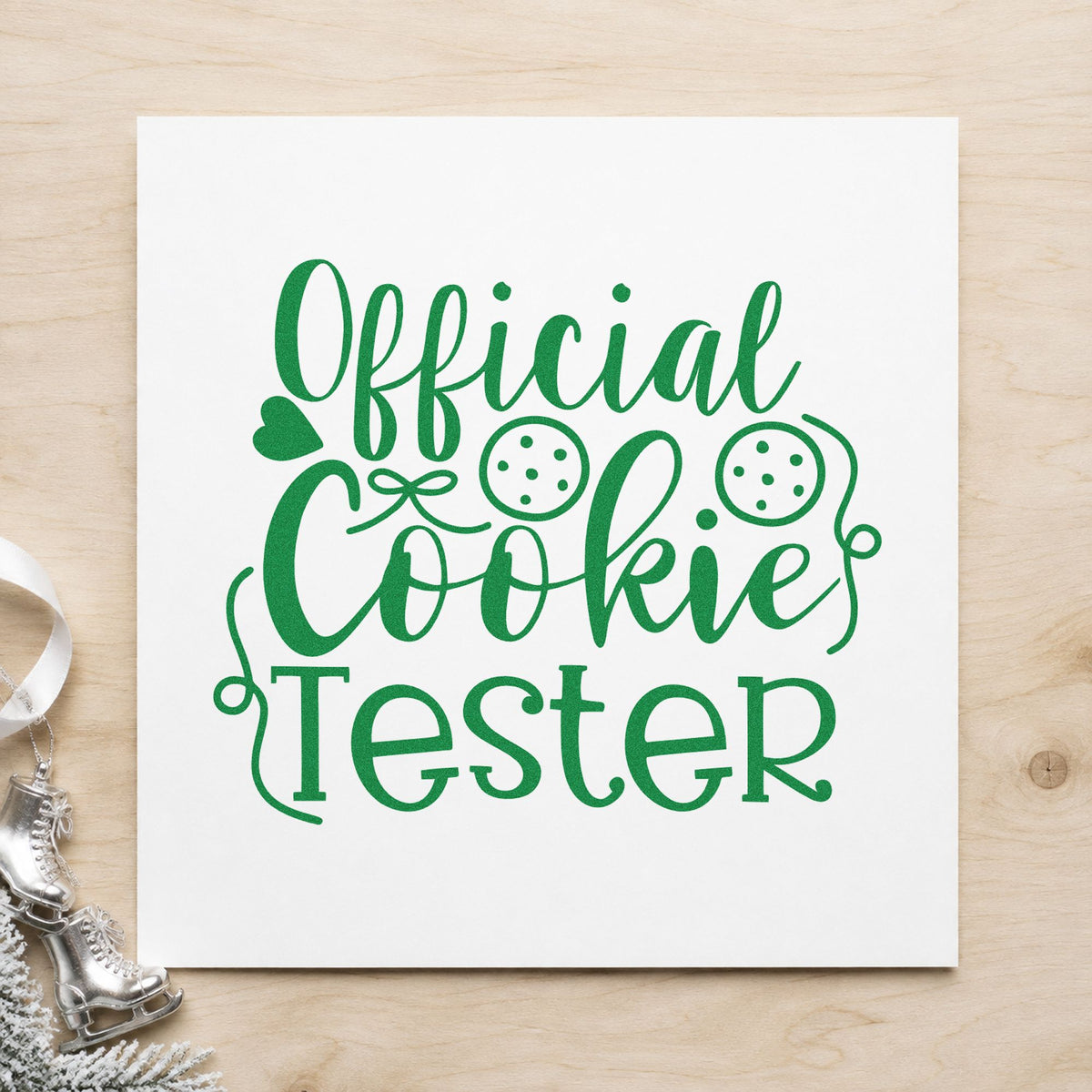 Official Cookie Tester Script craft stamp imprint in green ink on a handmade project, one idea being duo sample tags.