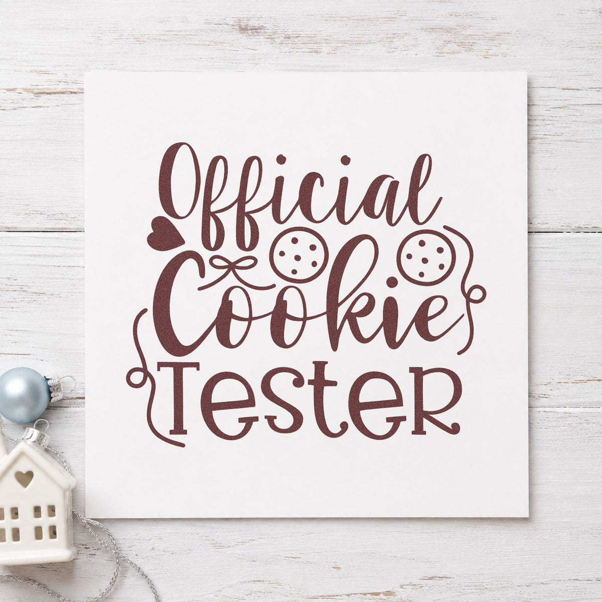 Official Cookie Tester Script rubber stamp printed in brown ink, ready for head to head sheet and similar paper crafts.