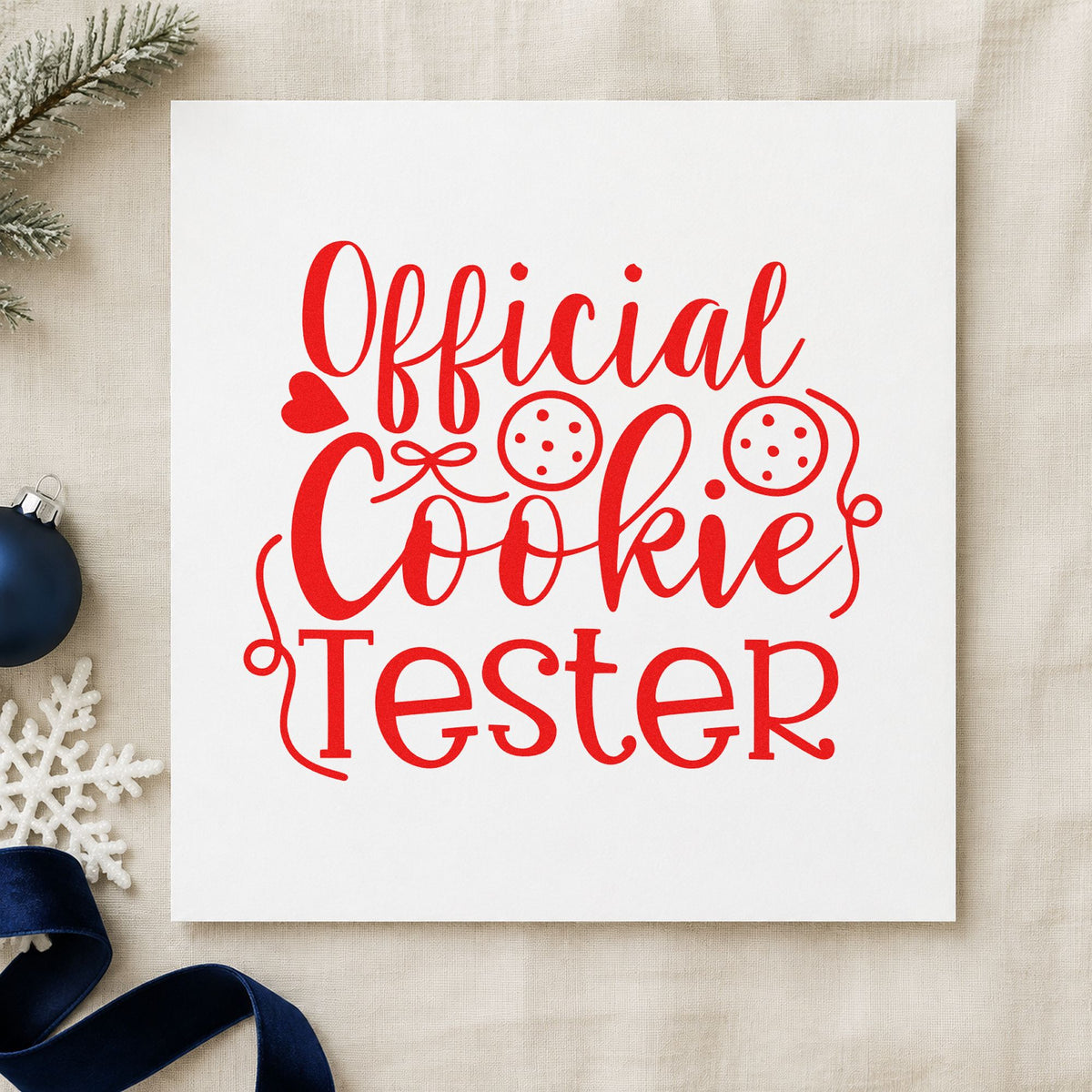 Official Cookie Tester Script craft stamp in red ink on cardstock, an easy option for mitt pair printing.