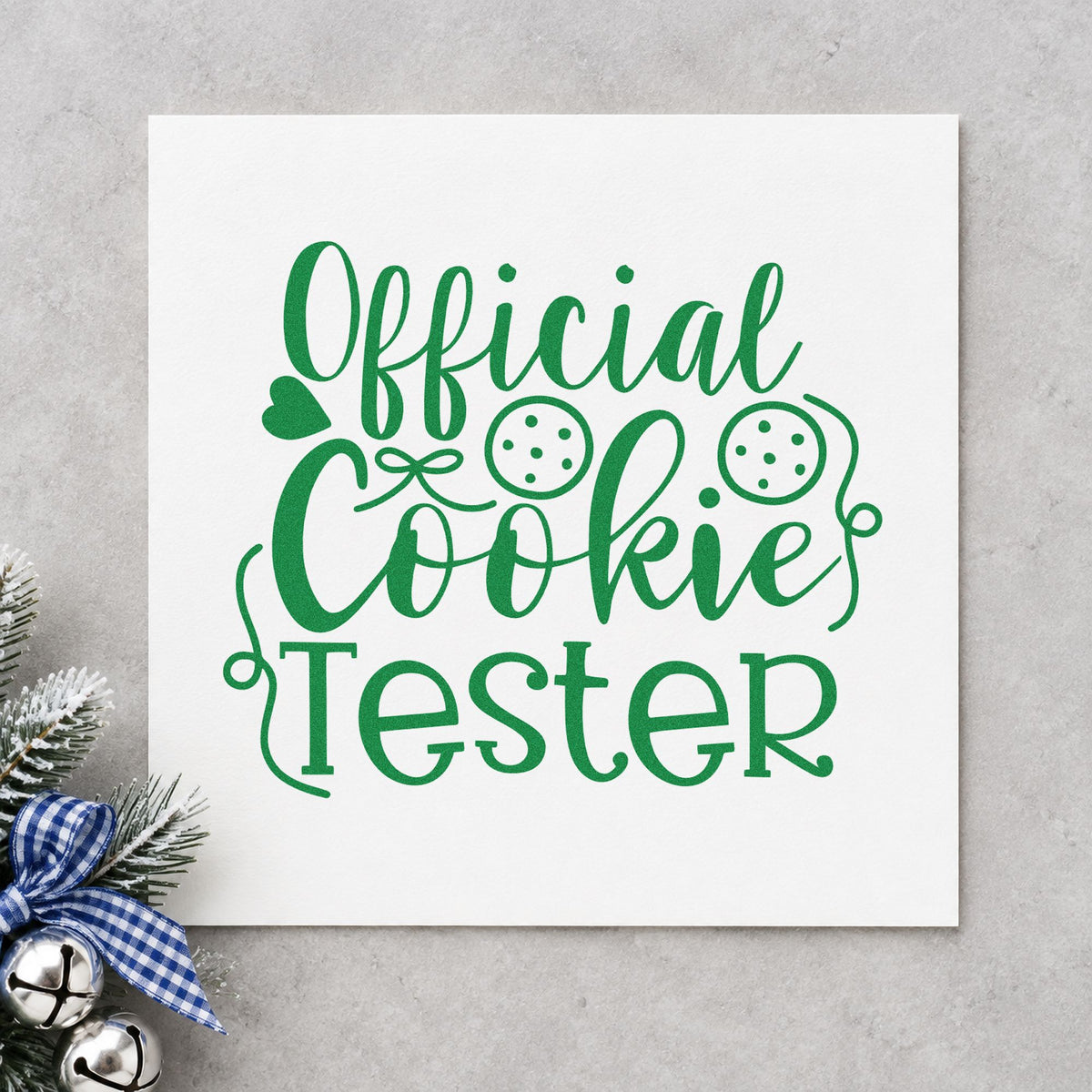 Official Cookie Tester Script craft stamp imprinted in green ink on paper, a design suited to framed kitchen duo.