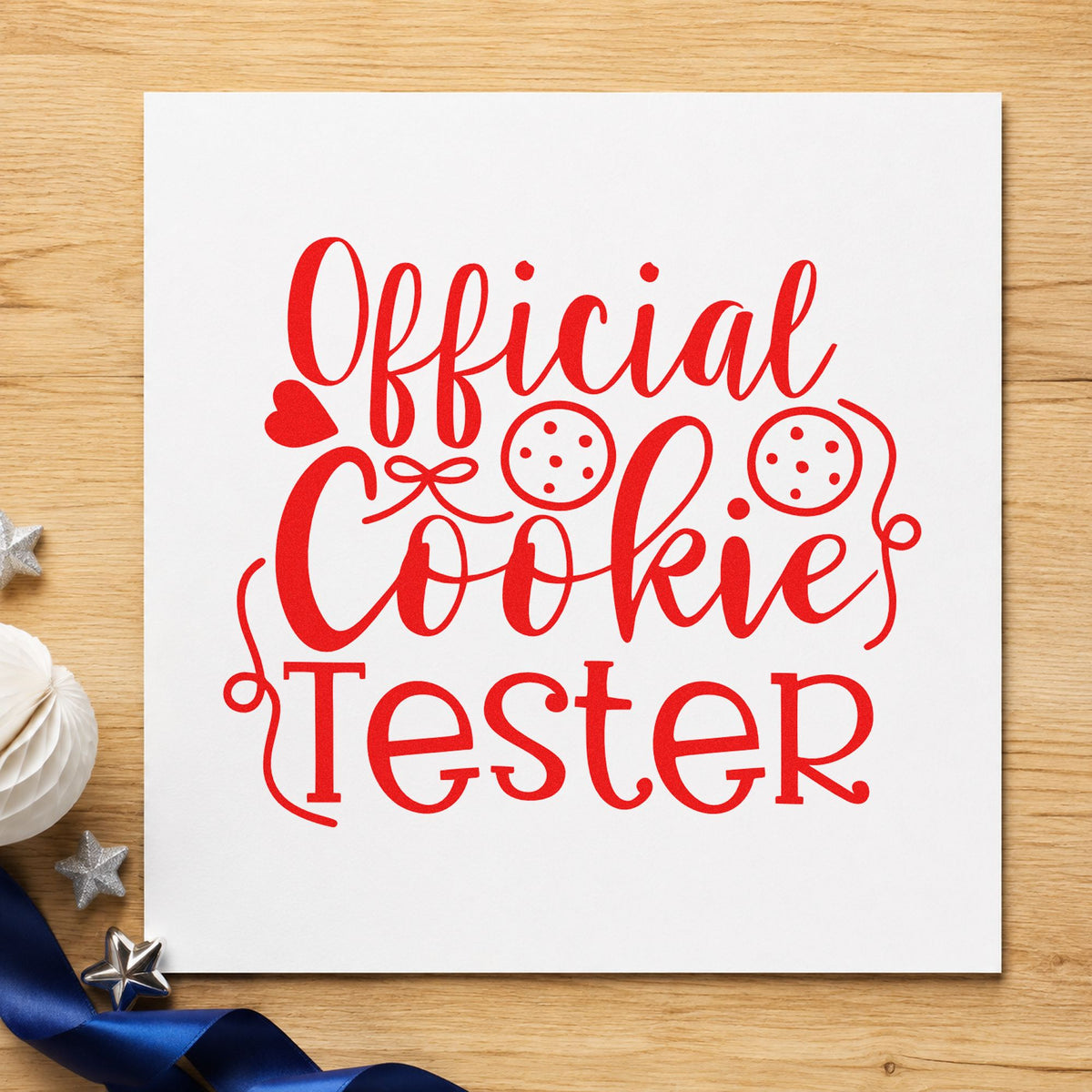 Official Cookie Tester Script rubber stamp shown in red ink, stamped for projects such as tray half labels.