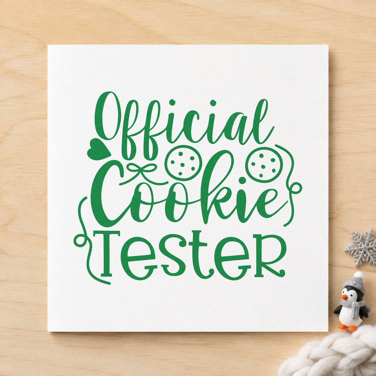 Official Cookie Tester Script craft stamp imprint in green ink on a handmade project, one idea being bracket round cards.