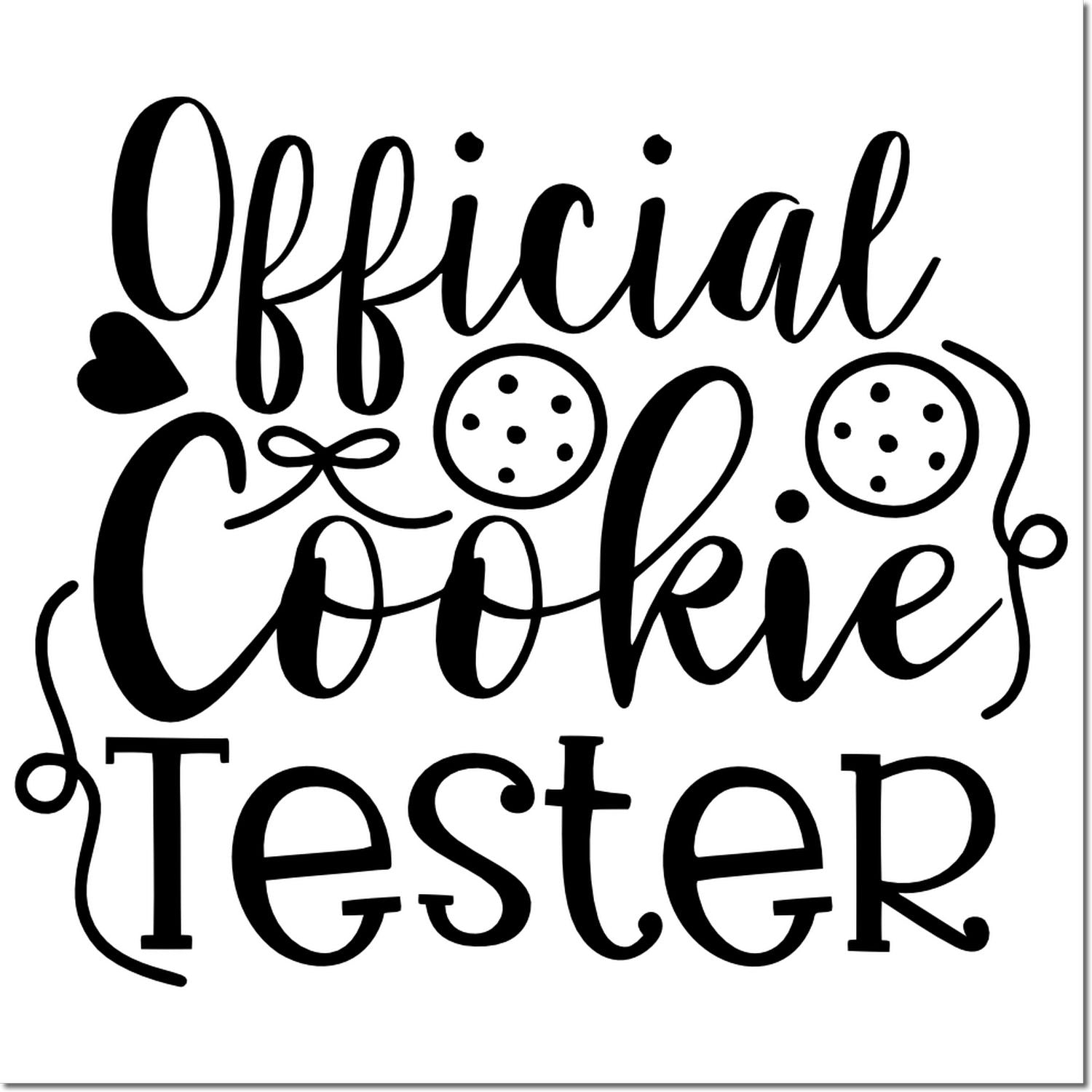 Official Cookie Tester rubber stamp design with playful script, cookies, and heart accents for baking and gift packaging.