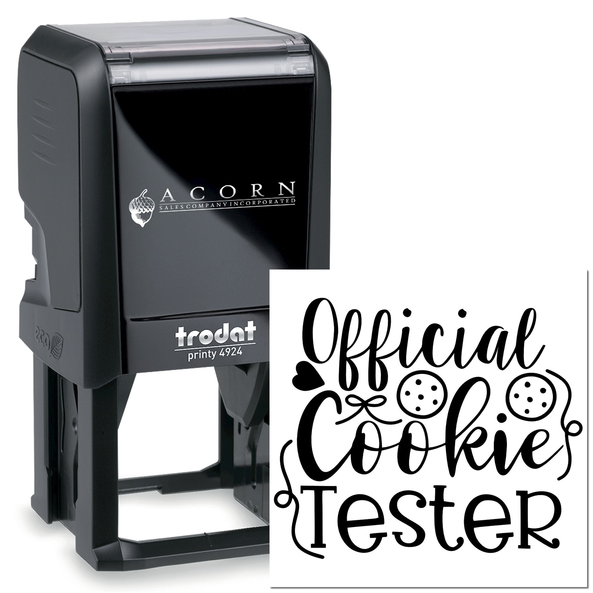 Custom Trodat Printy 4924 self-inking rubber stamp with Official Cookie Tester design for bakery and gift packaging.