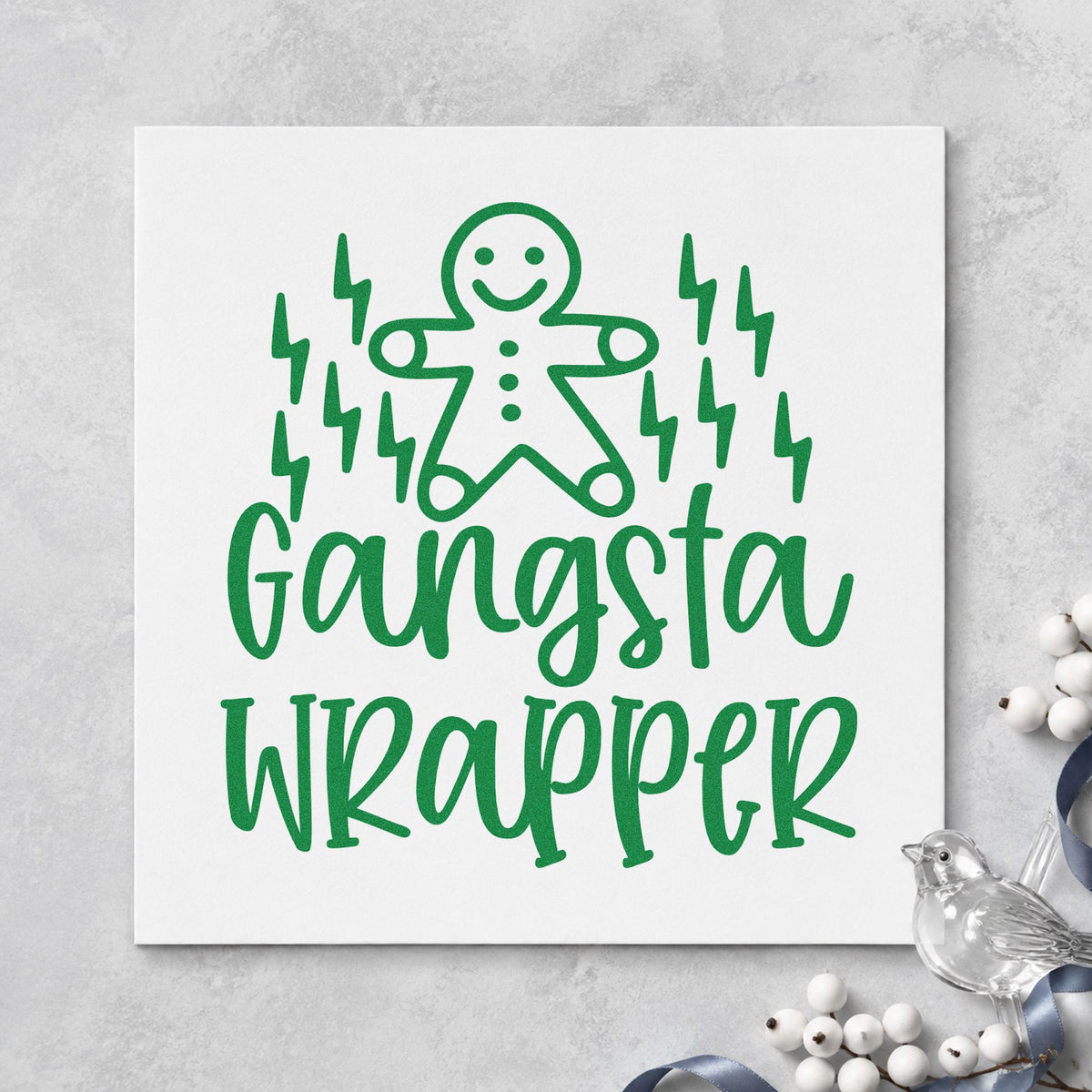 Gangsta Wrapper Gingerbread Lightning craft stamp imprint in green ink on a handmade project, one idea being rush job gift tags.