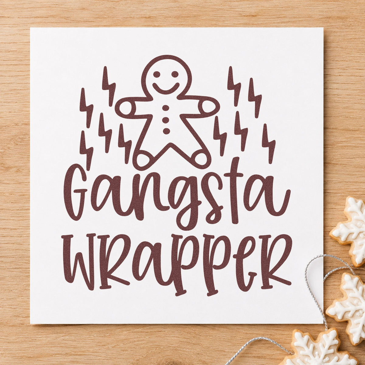 Gangsta Wrapper Gingerbread Lightning rubber stamp printed in brown ink, ready for timed round sheet and similar paper crafts.