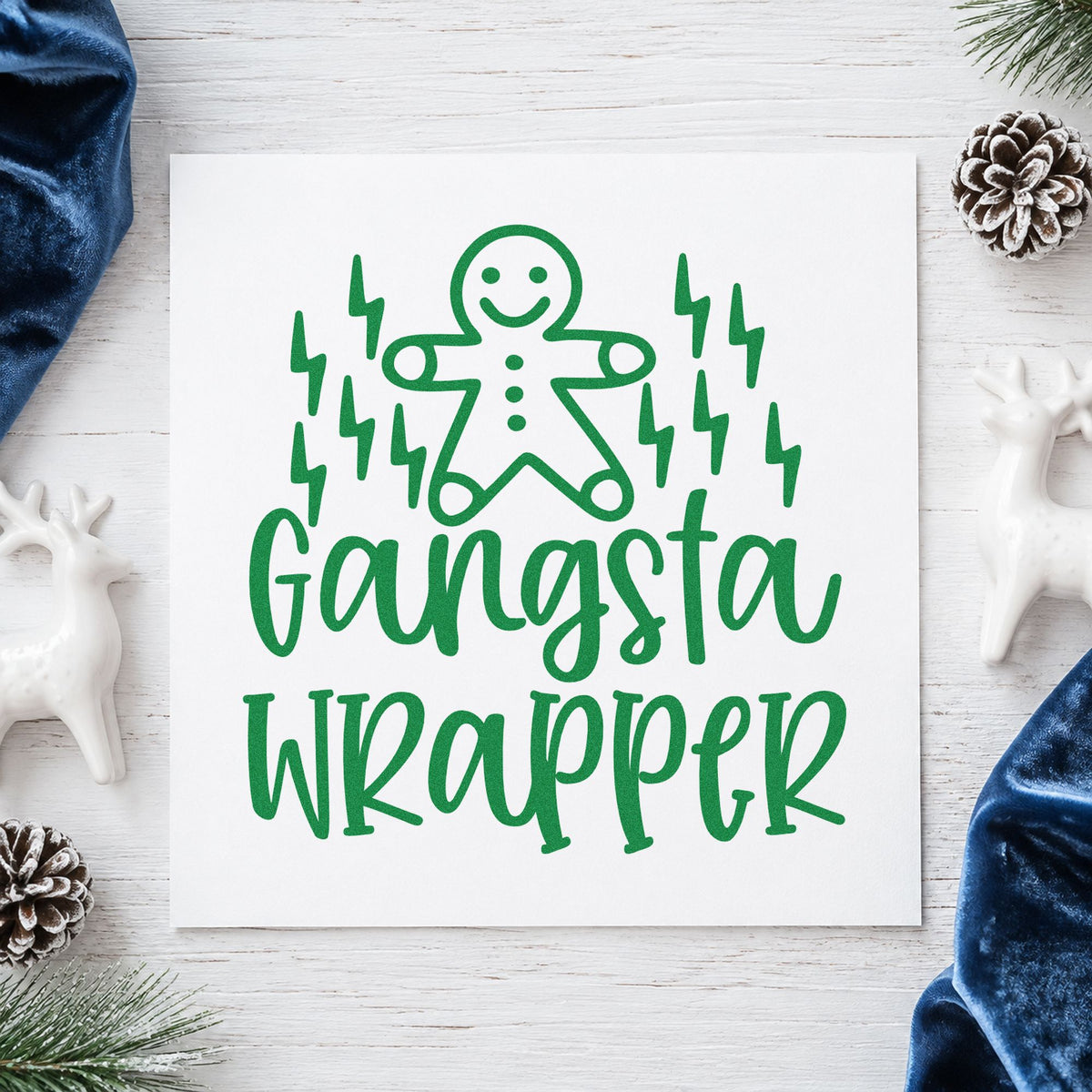 Gangsta Wrapper Gingerbread Lightning craft stamp imprinted in green ink on paper, a design suited to framed work table.