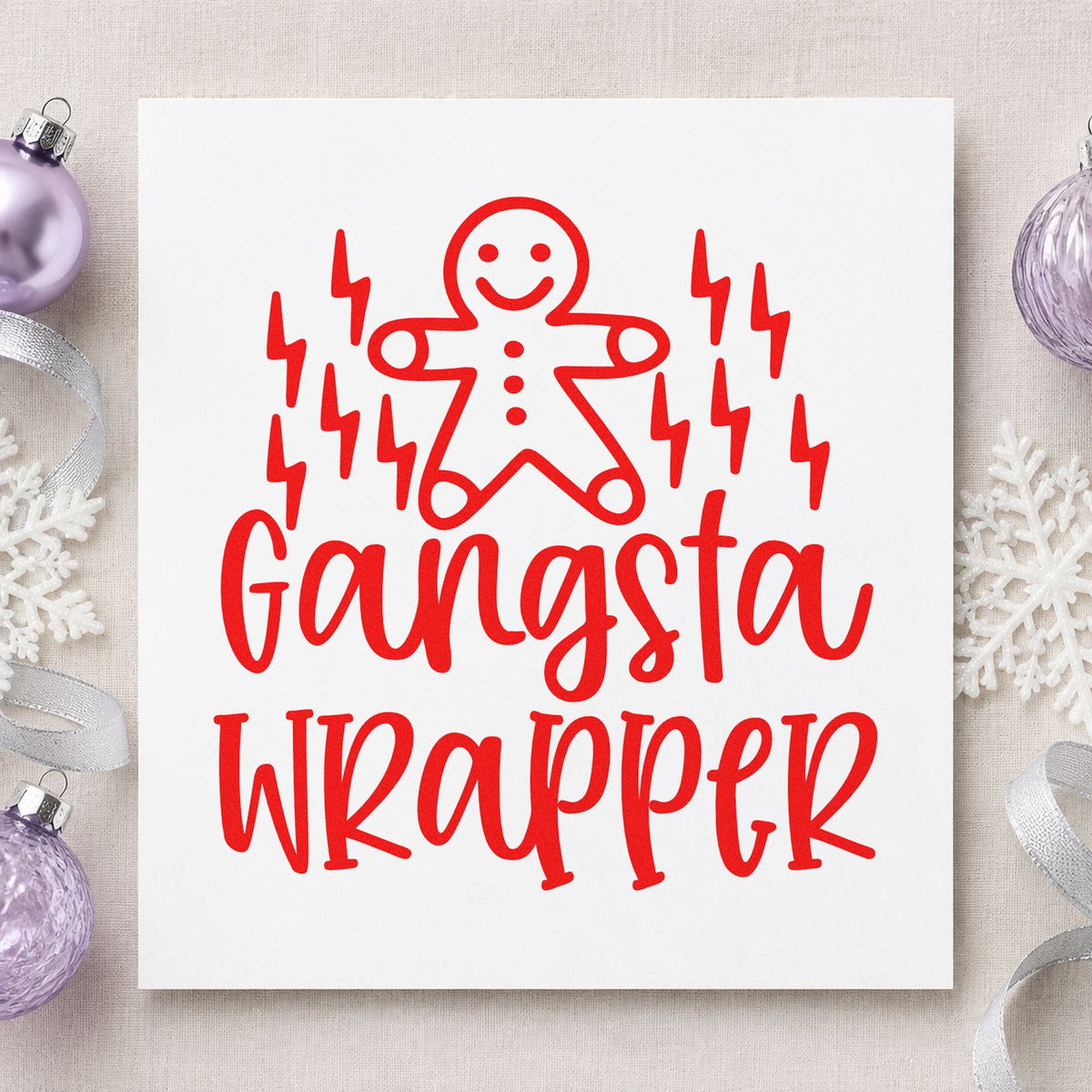Gangsta Wrapper Gingerbread Lightning rubber stamp shown in red ink, stamped for projects such as roll bin labels.