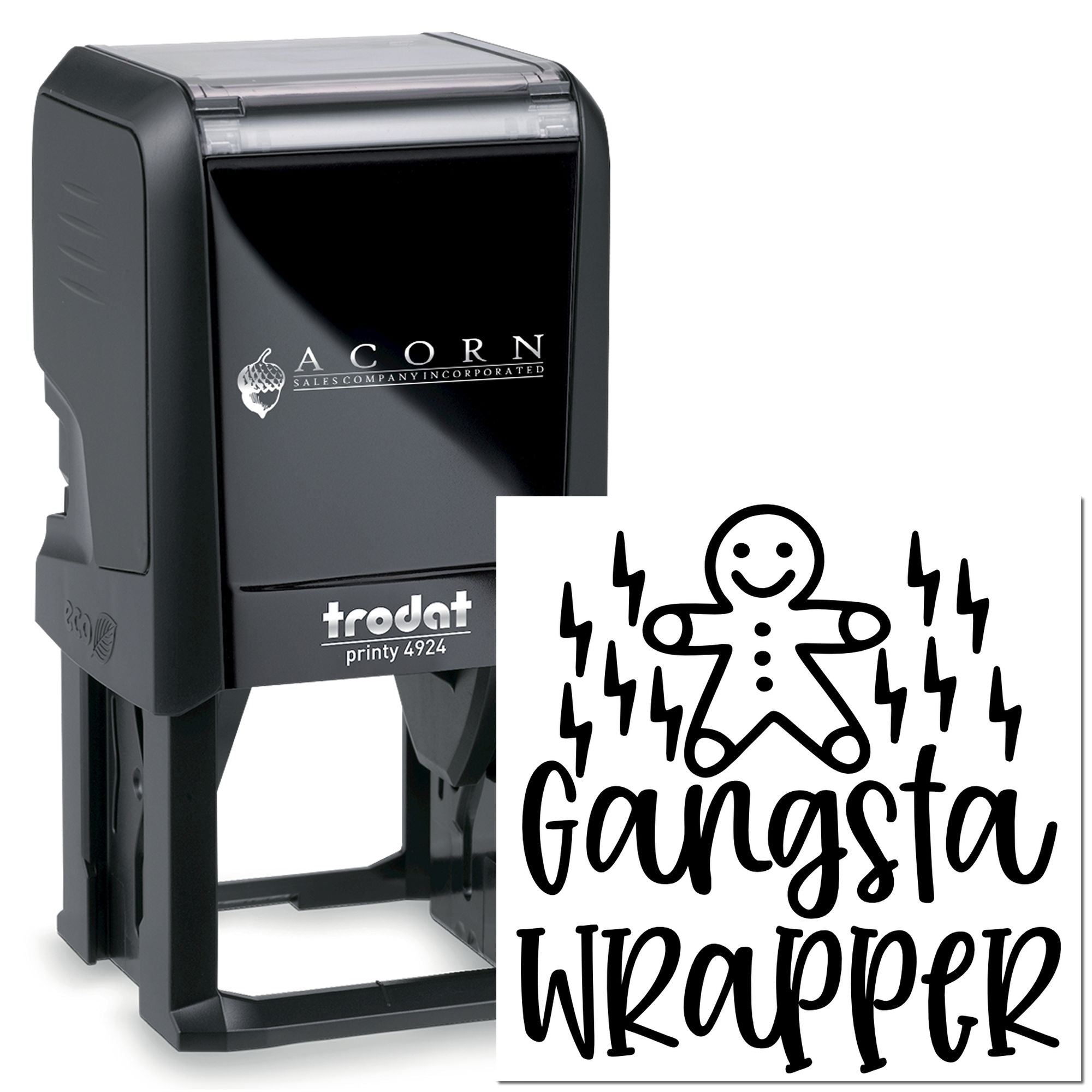 Trodat Printy 4924 custom self-inking rubber stamp with logo and Ganasta Wrapper imprint for branded business use.