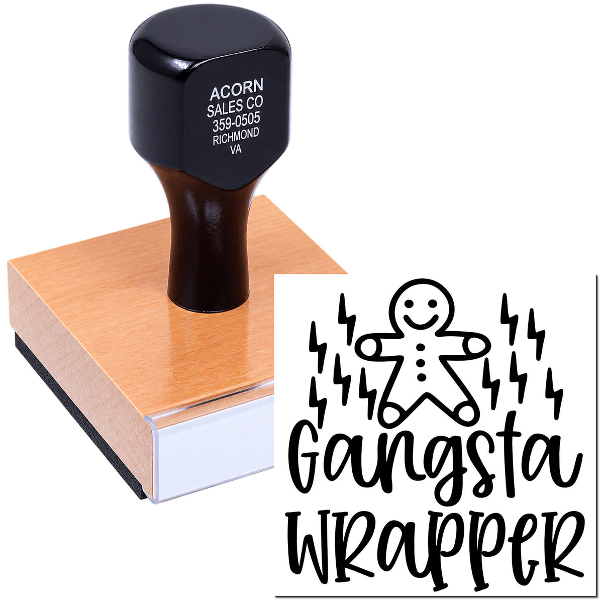 Custom rubber stamp with Gangsta Wrapper gingerbread design for holiday gift wrap, packaging, and craft projects.